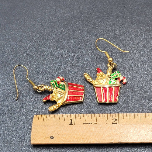 Christmas Pierced Earrings Gold Plated Presents Santa Candy Cane Dangle 1 1/8"