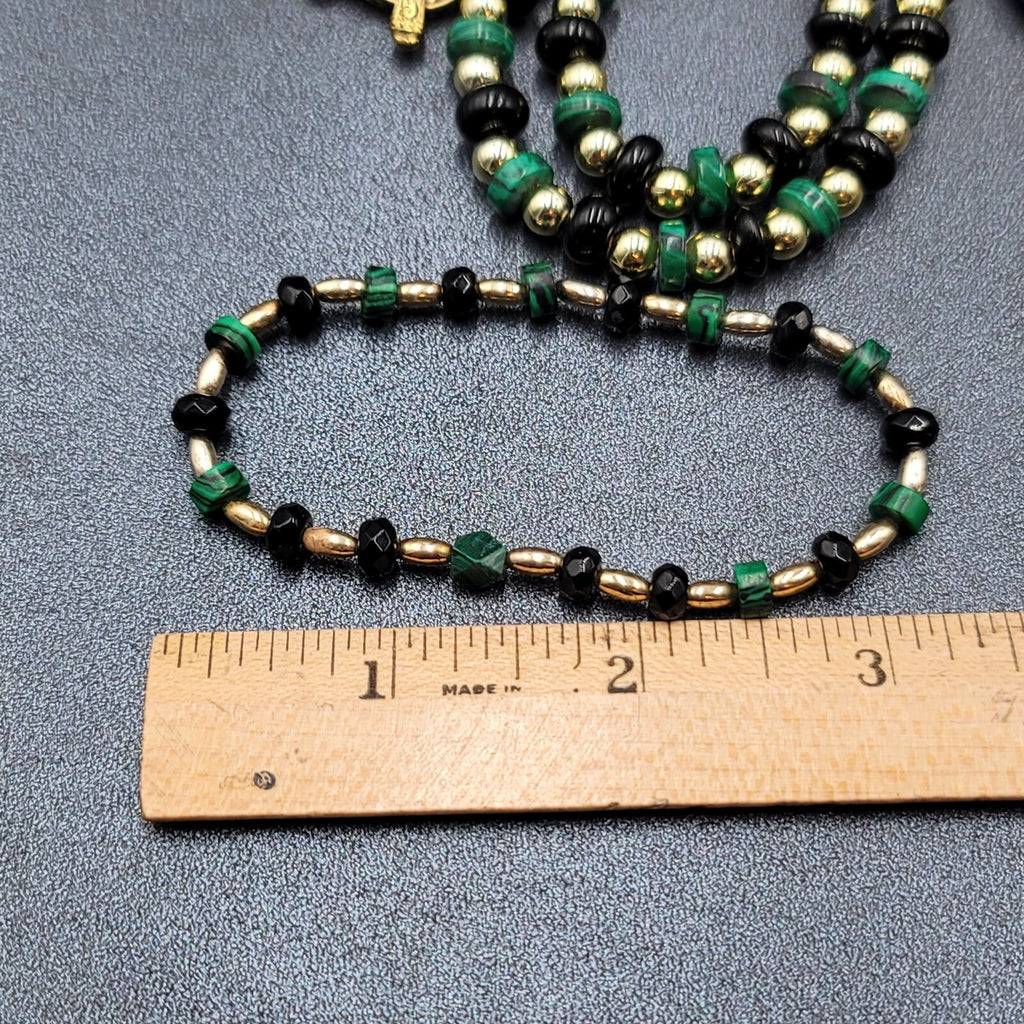 Beaded Necklace Gold tone Faux Malachite Bracelet Earrings Set Jewelry Set 52"