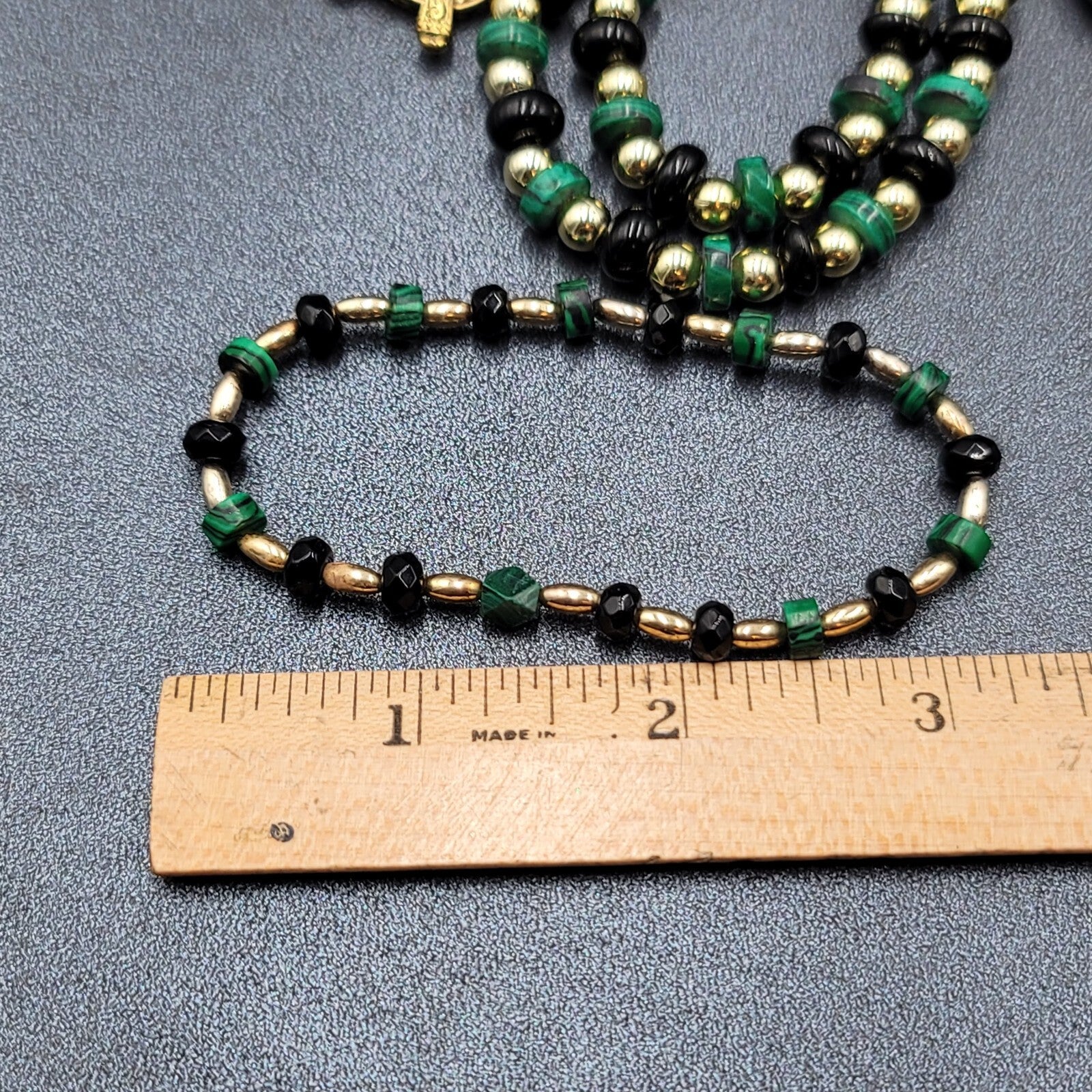 Beaded Necklace Gold tone Faux Malachite Bracelet Earrings Set Jewelry Set 52"