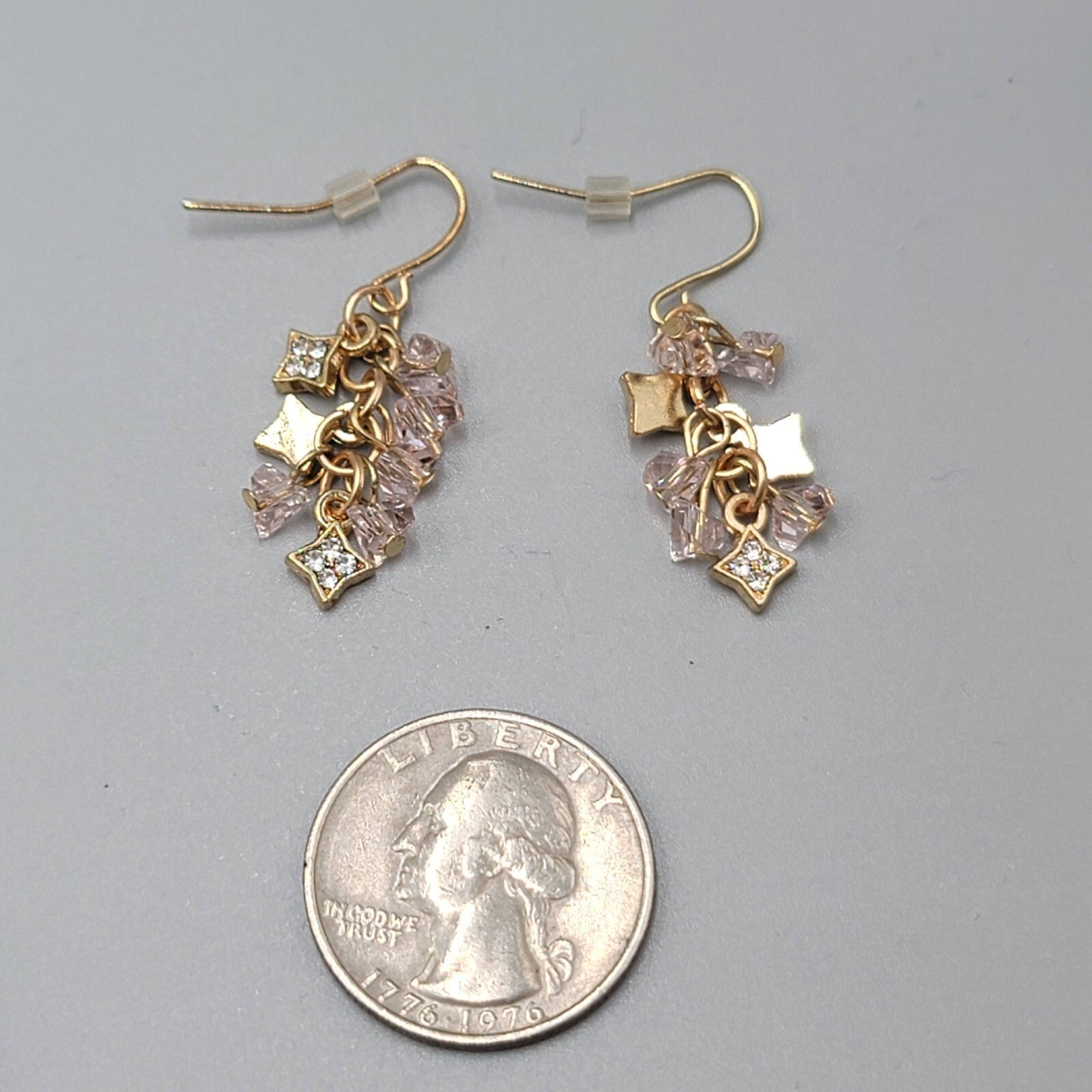 Pierced Earrings Gold tone Pink Crystal Cluster Bead Dangle 1"