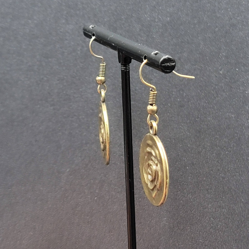 New Embossed Rose Flower Hat Pierced Earrings Bronze tone Round Dangle 1"