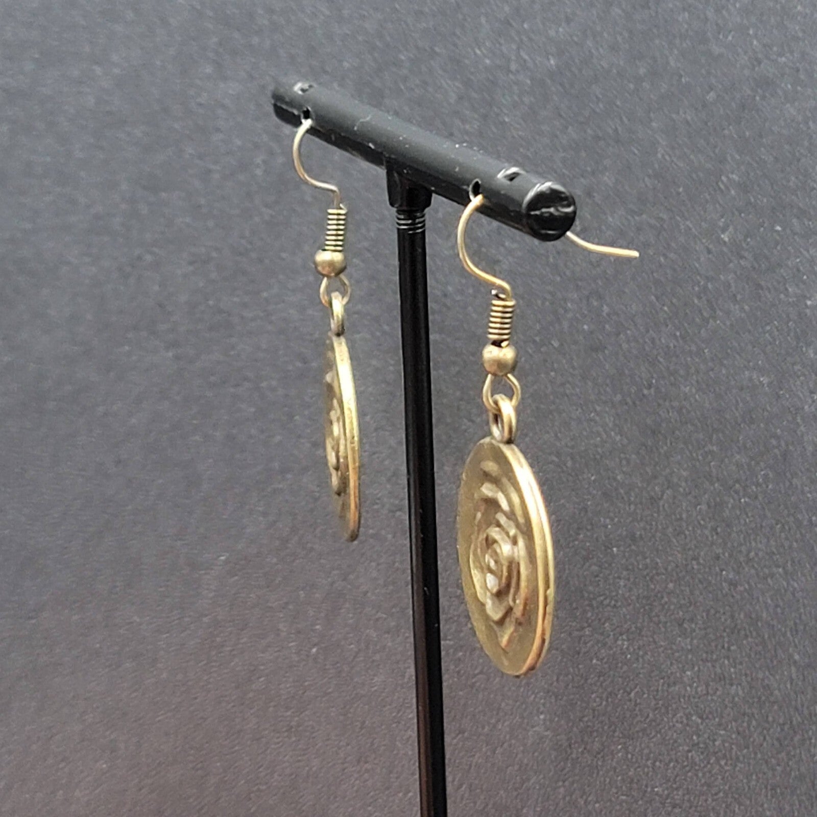 New Embossed Rose Flower Hat Pierced Earrings Bronze tone Round Dangle 1"