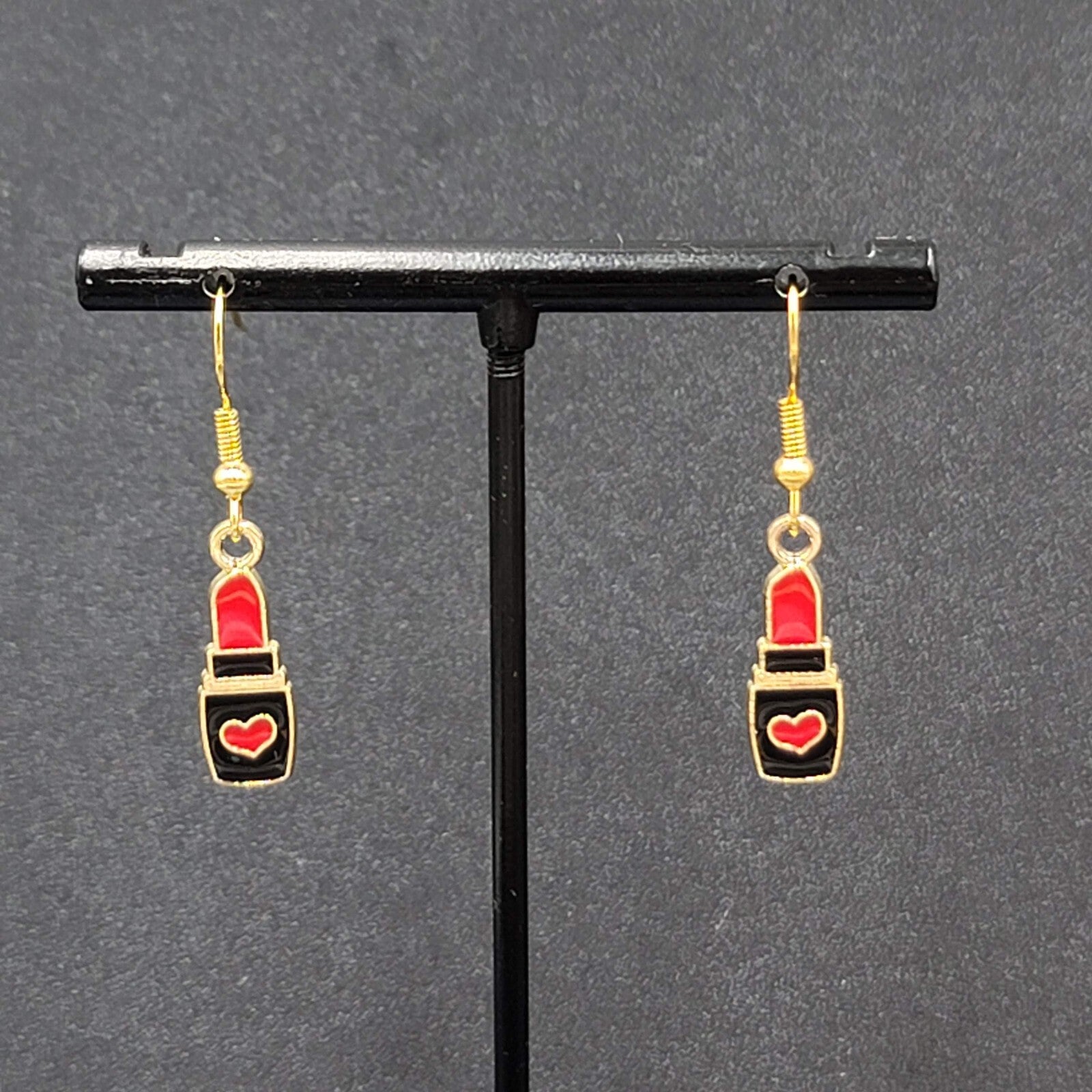 Lipstick Pierced Earrings Gold tone Red Heart Black Enamel Dangle 3/4"