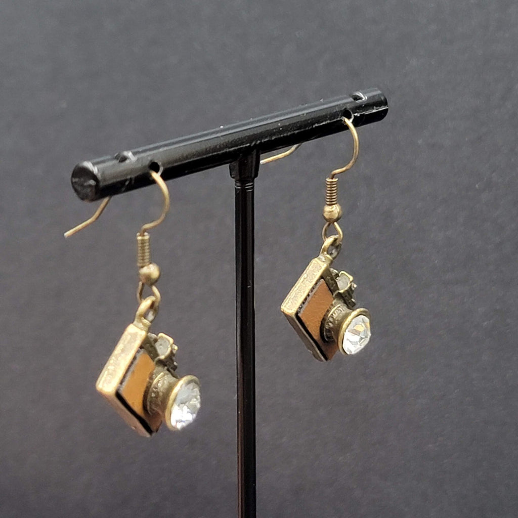 New Rhinestone Camera Pierced Earrings Bronze tone Dangle 3/4"