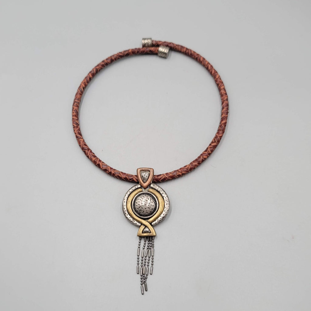 Chicos Necklace Brown Leather Cord Two toned Pendant Dangle Chains 16"