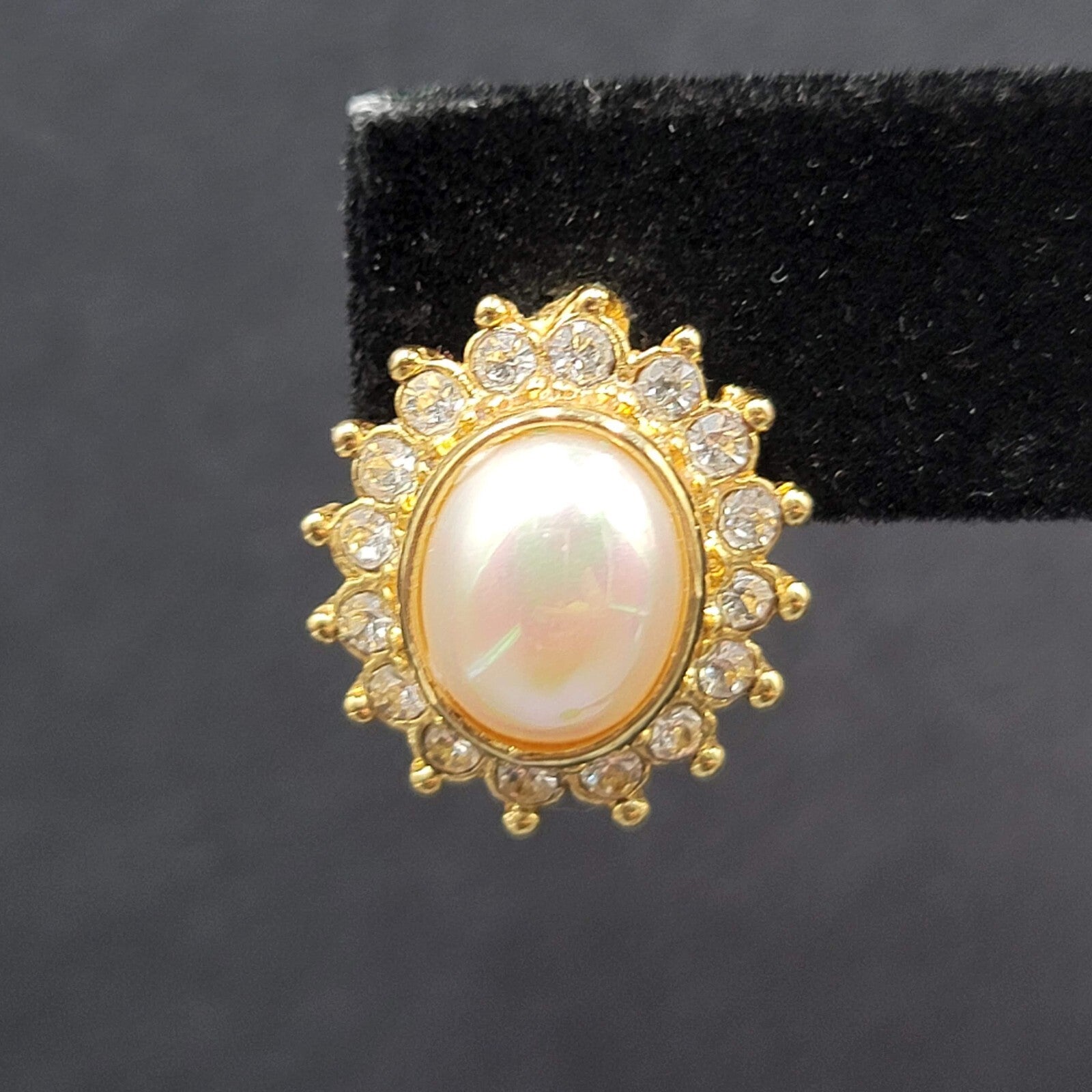 Pierced Earrings Gold Plated Crystal Oval Iridescent Cabochon Studs 5/8"
