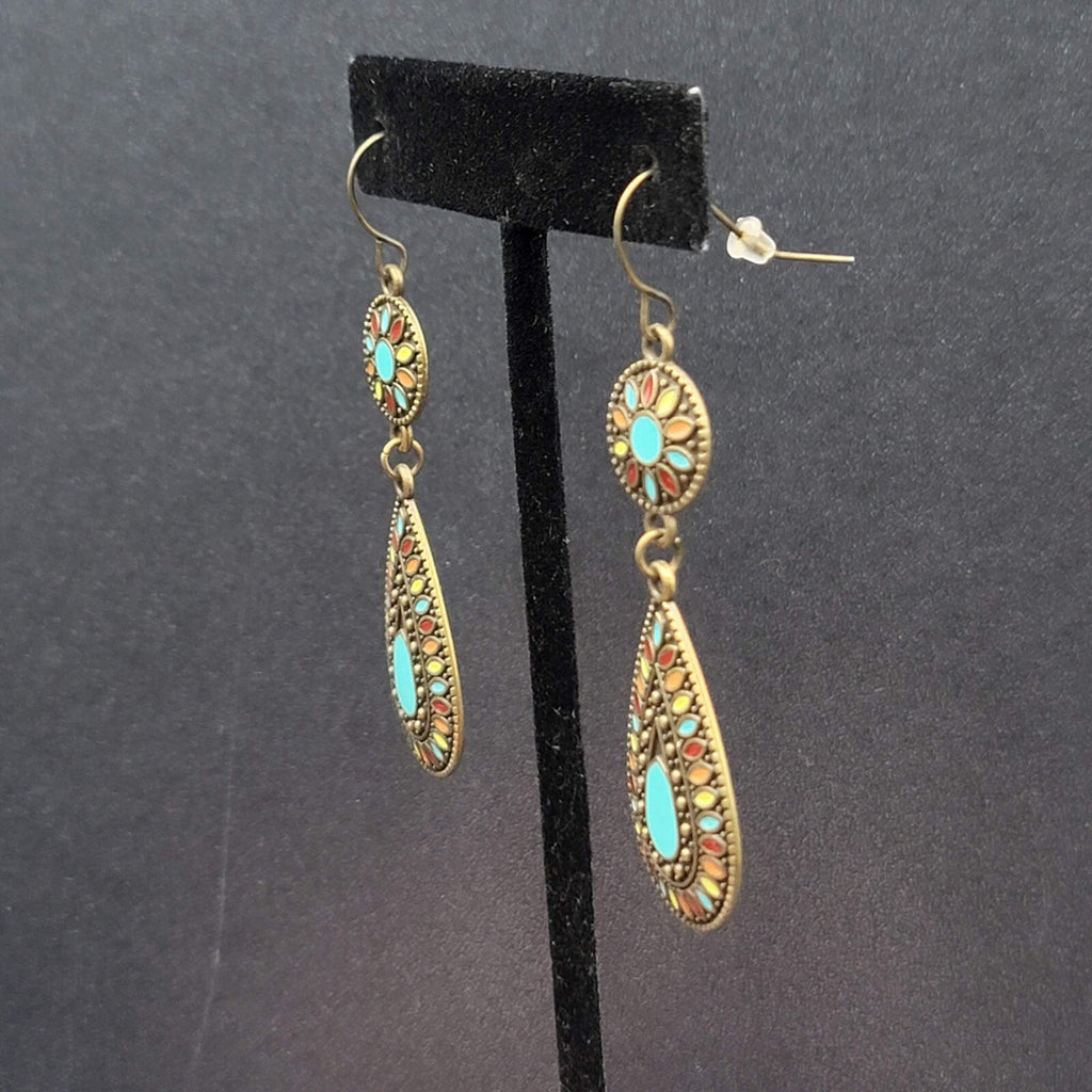New Boho Pierced Earrings Multicolor Enamel Round Teardrop Blue Dangle 2.25"
