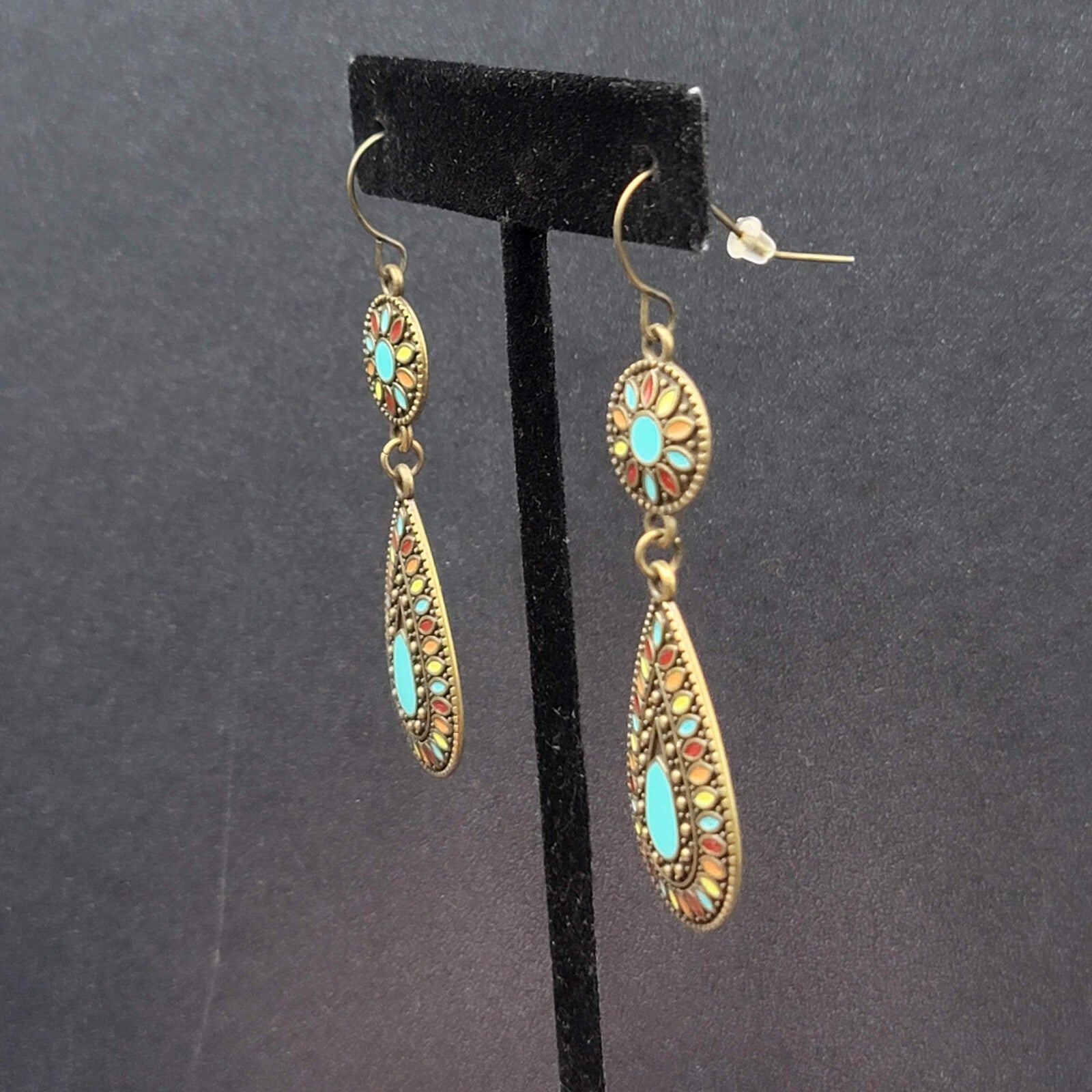 New Boho Pierced Earrings Multicolor Enamel Round Teardrop Blue Dangle 2.25"