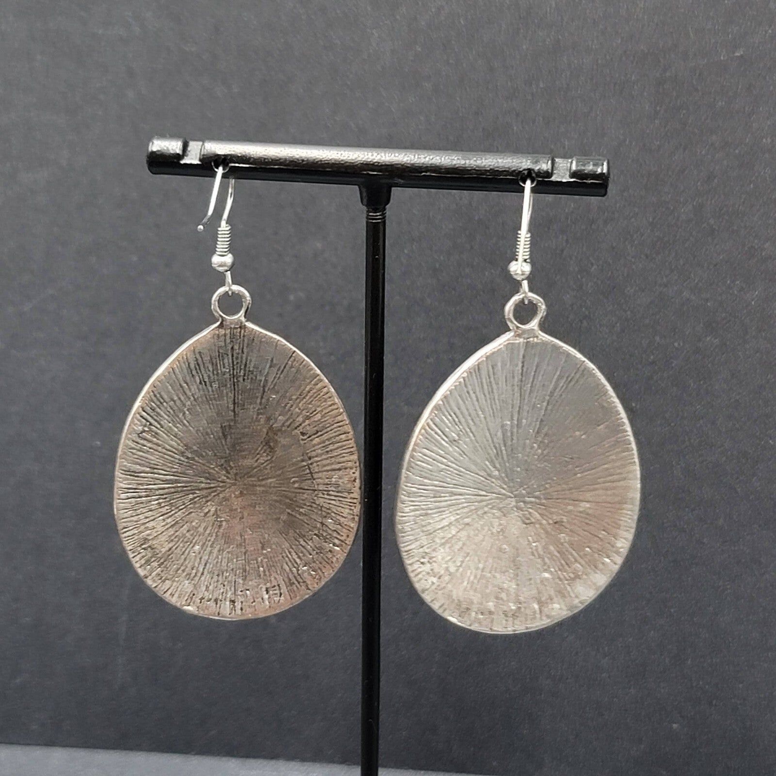 Pierced Earrings Silver tone Teardrop Medallion Yellow Accents Boho 1 7/8"