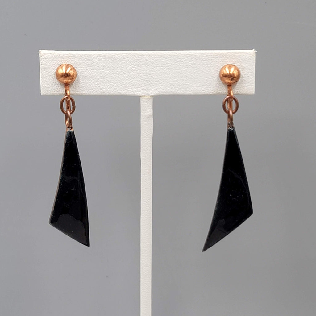 Vintage Clip on Earrings Copper Dark Blue Enamel Dangle 2"