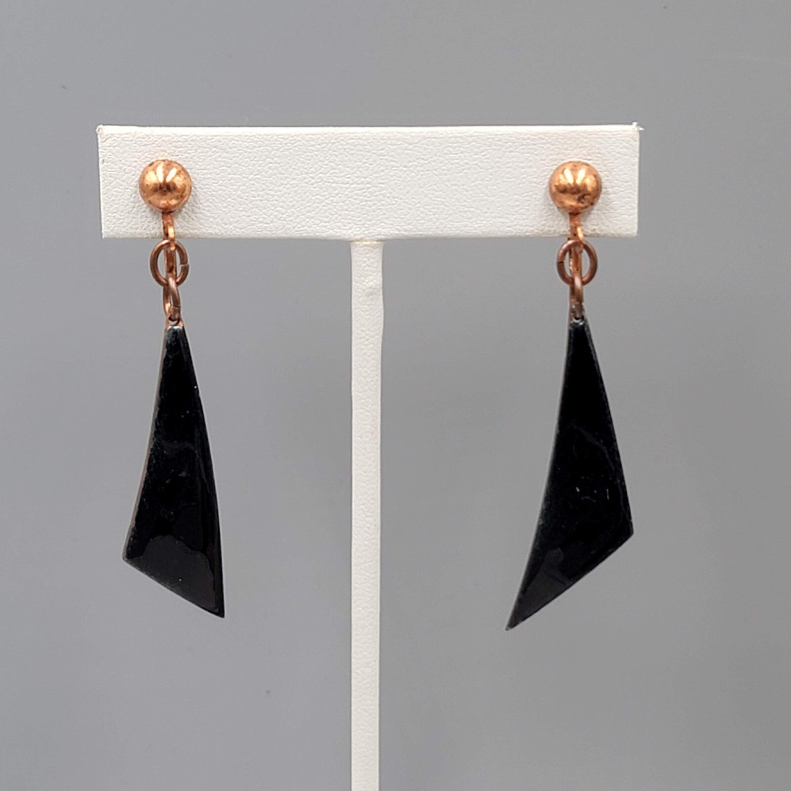 Vintage Clip on Earrings Copper Dark Blue Enamel Dangle 2"
