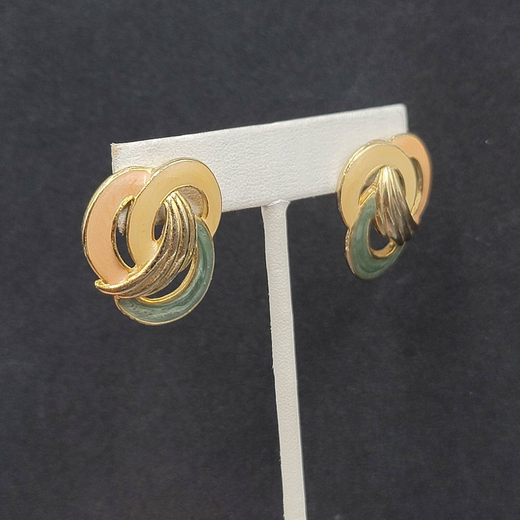 Vintage Pierced Earrings Tan Pink Green Swirl Enamel Gold tone Drop 1 1/8"