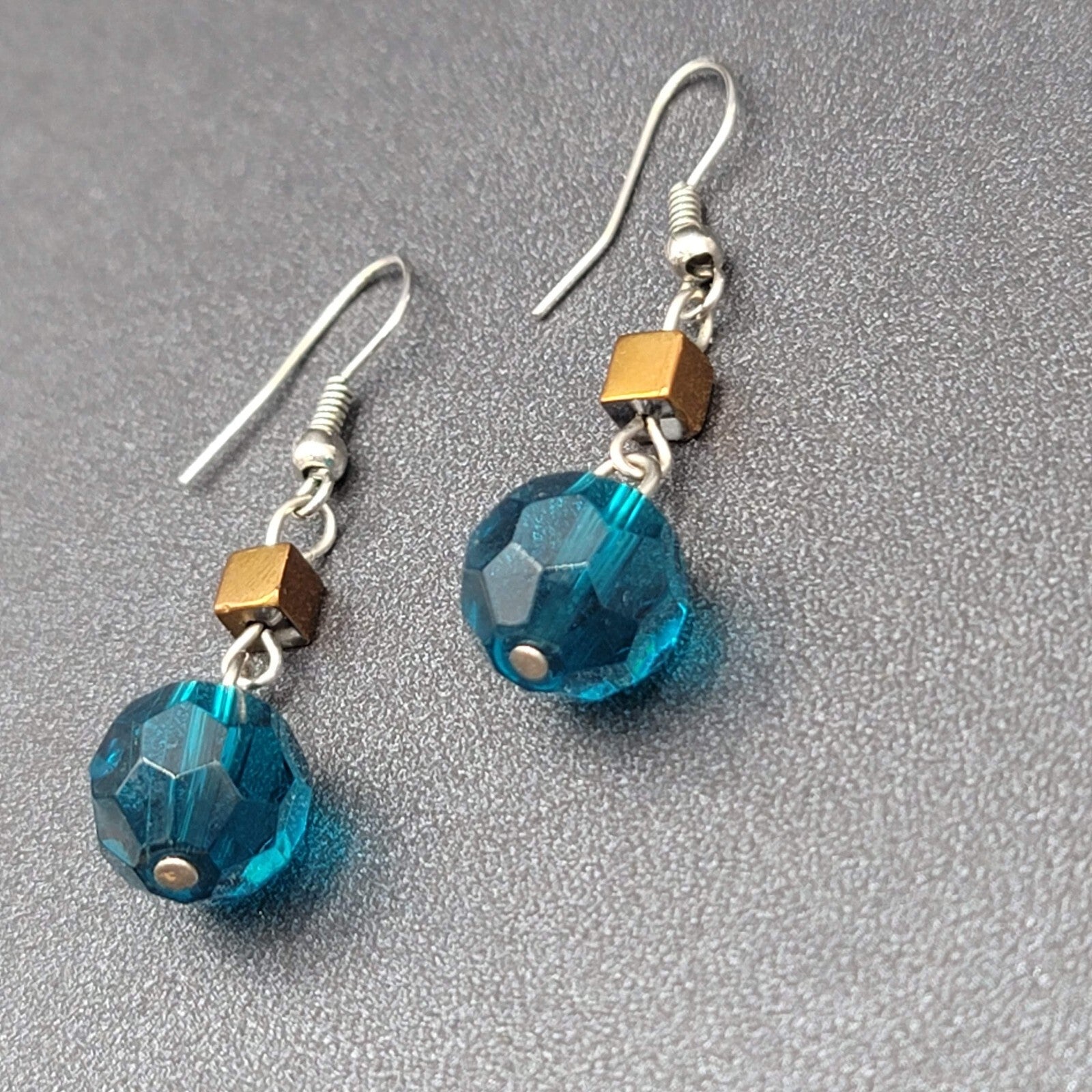 Pierced Earrings 1" Silver tone Blue Bead Copper Square Dangle 1"