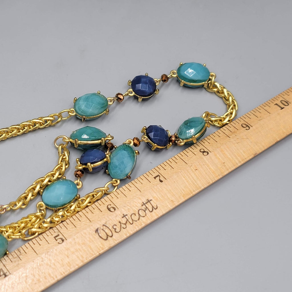 Necklace Bright Gold tone Blue Bead Long 36"