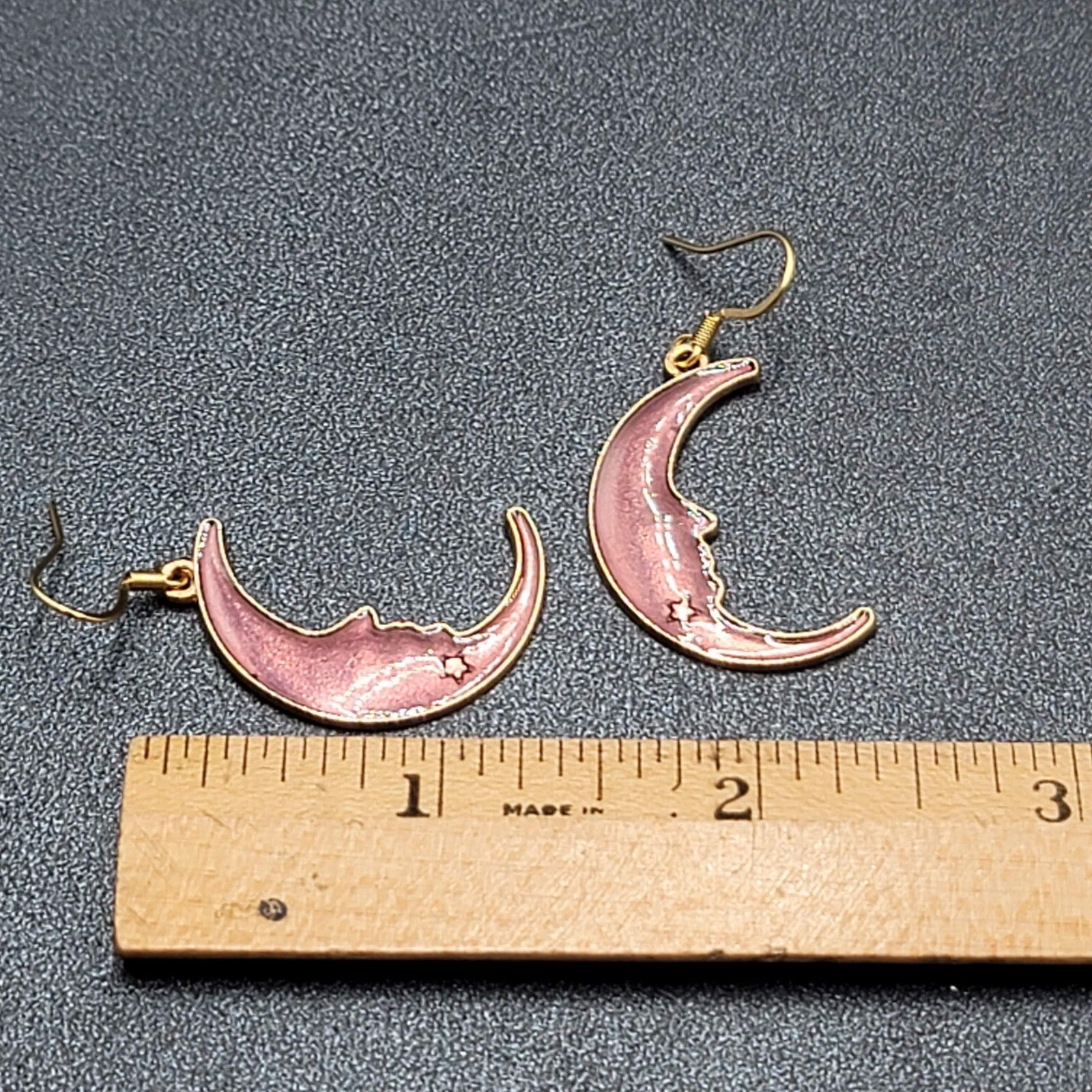 New Moon Pierced Earrings Gold tone Purple Enamel Dangle 1.25"