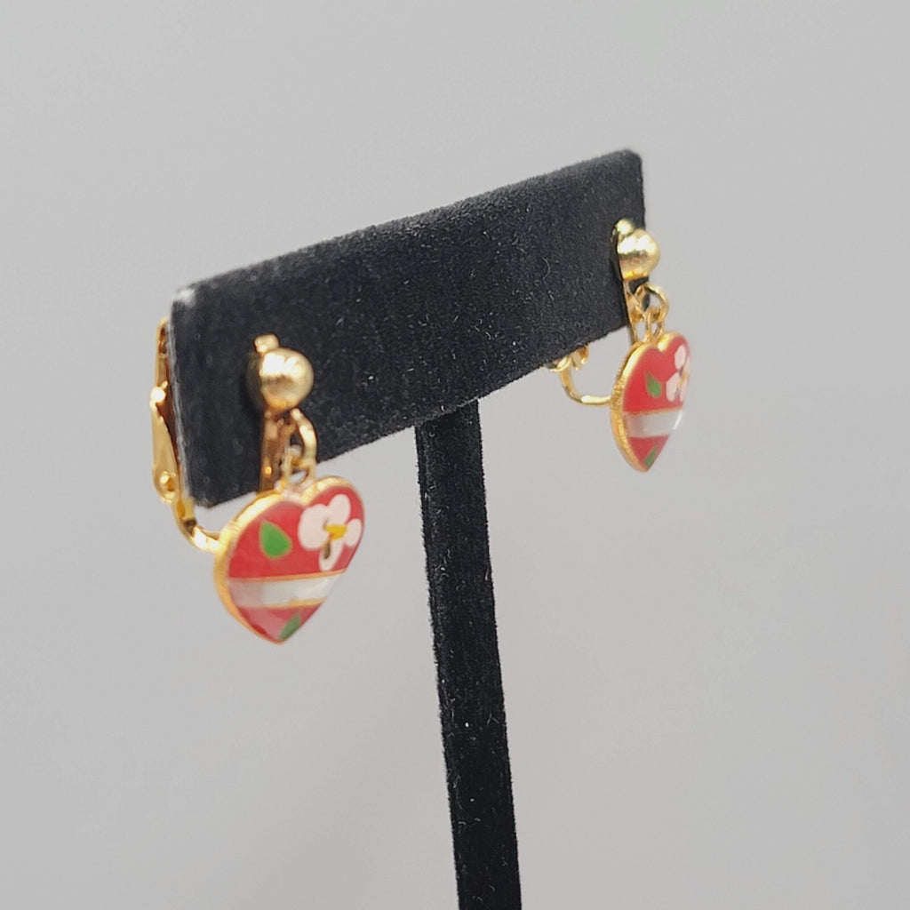 Vintage Red Heart Dangle Clip on Earrings Gold tone Flower 1/2"