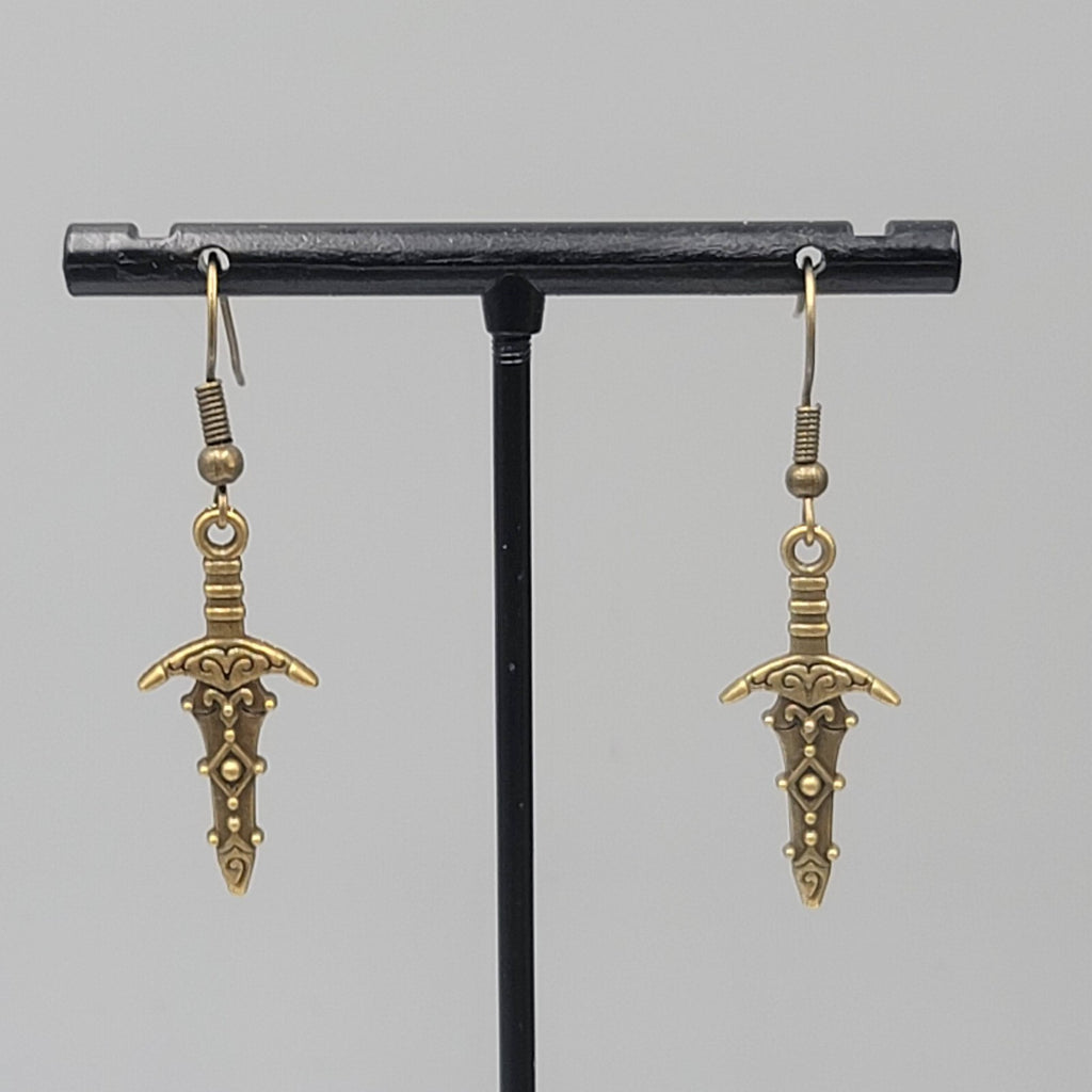 Fancy Embossed Dagger Pierced Earrings Bronze tone Dangle New 1"