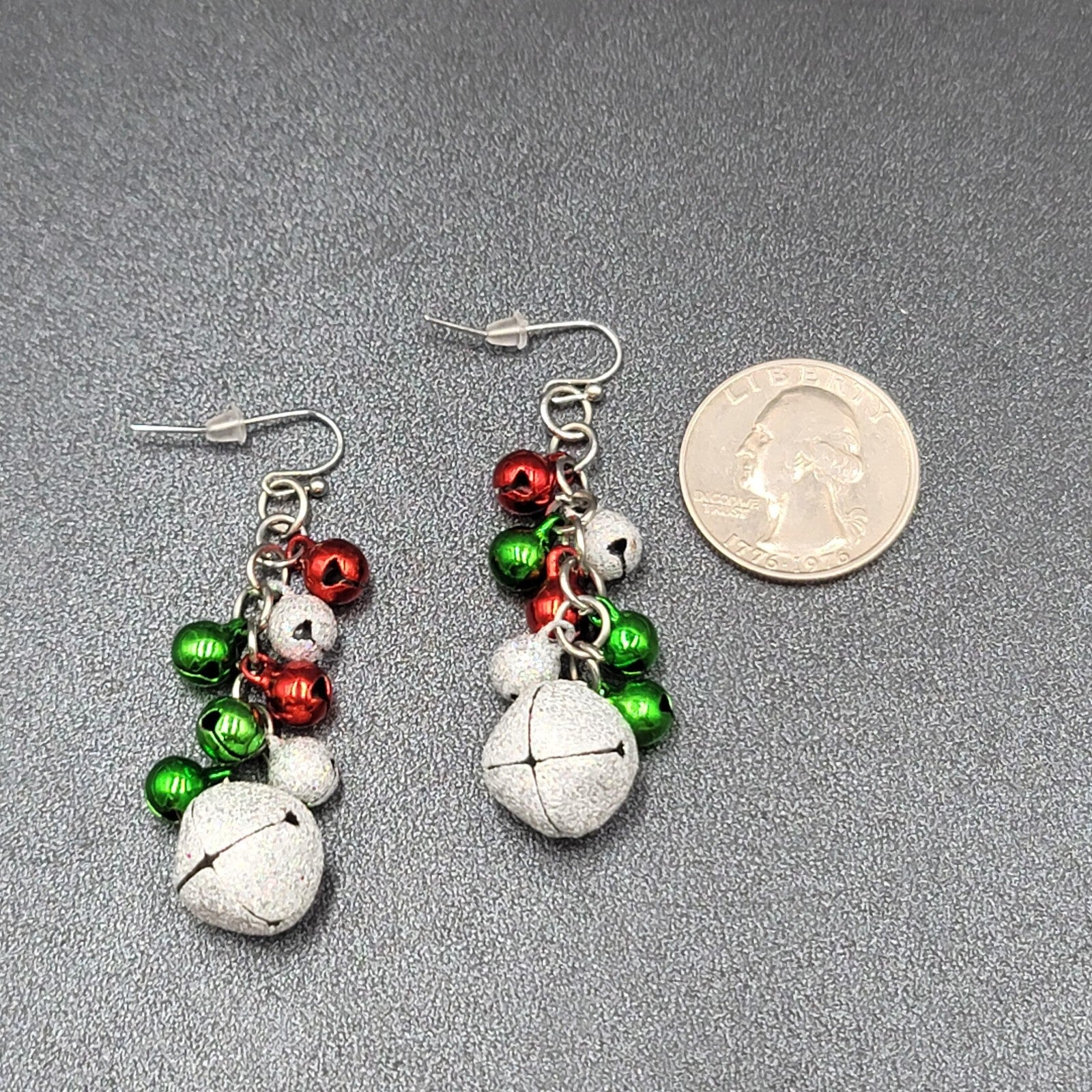 Christmas Pierced Earrings Green Red Silver Glitter Bells Dangle 2"