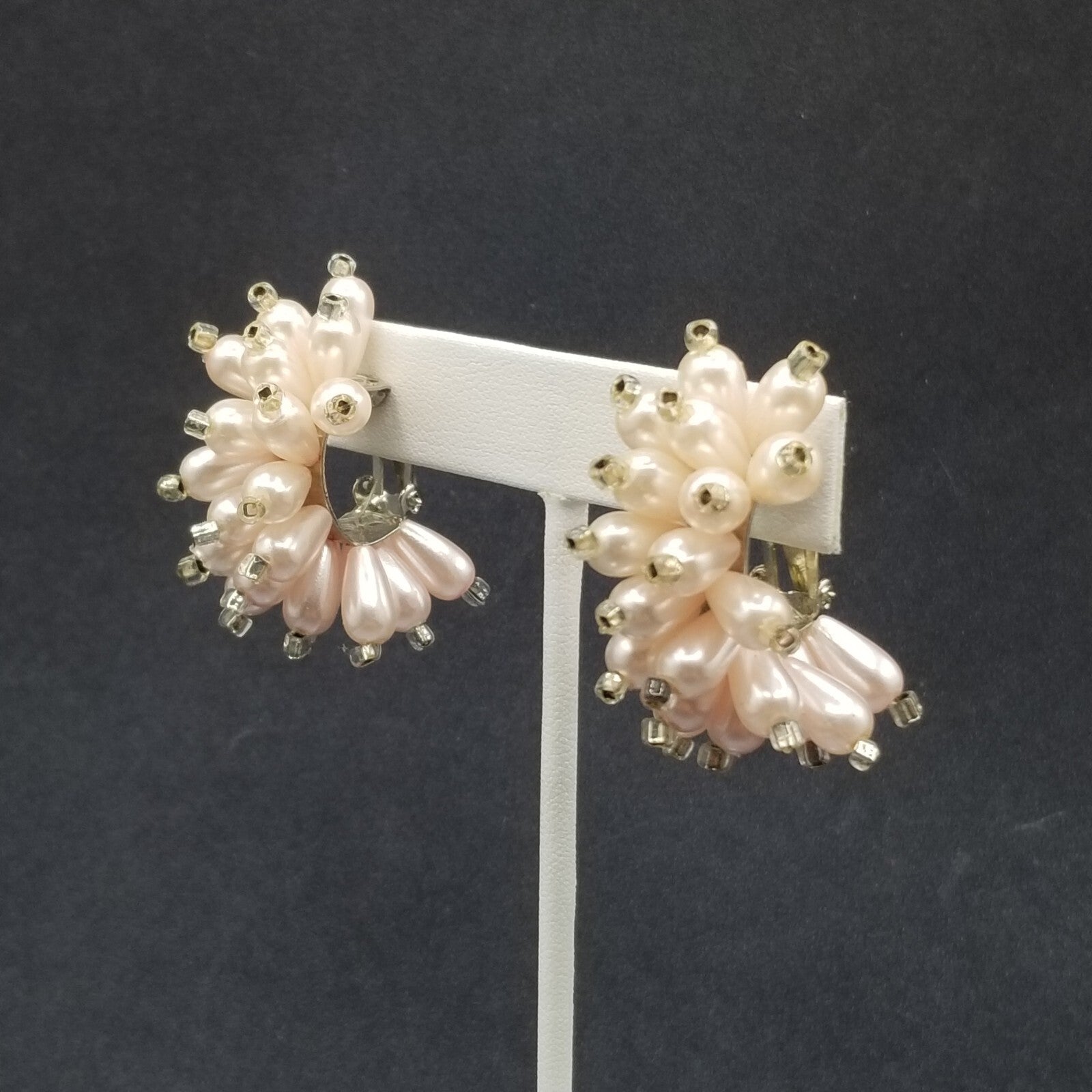 Vintage Clip on Earrings Pink Bead Large Statement Half Hoop Drop 1 1/2"