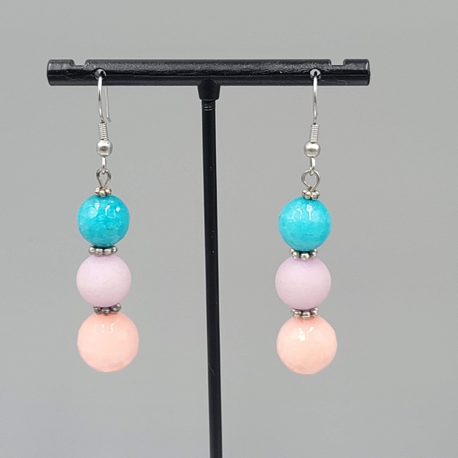 Pink Purple Blue Glass Bead Pierced Earrings Silver tone Dangle 1.5"