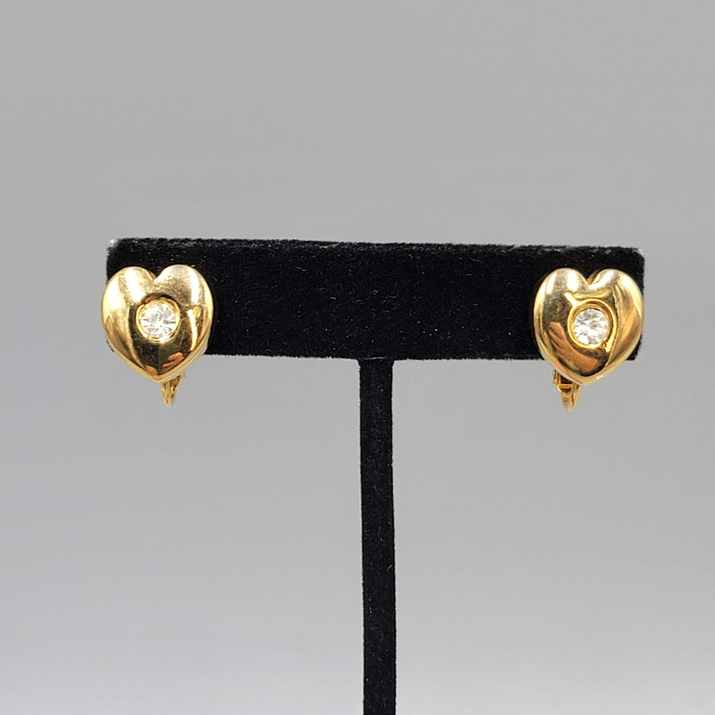 Vintage Goldette Heart Stud Clip on Earrings Gold Plated Rhinestone Center 1/2"