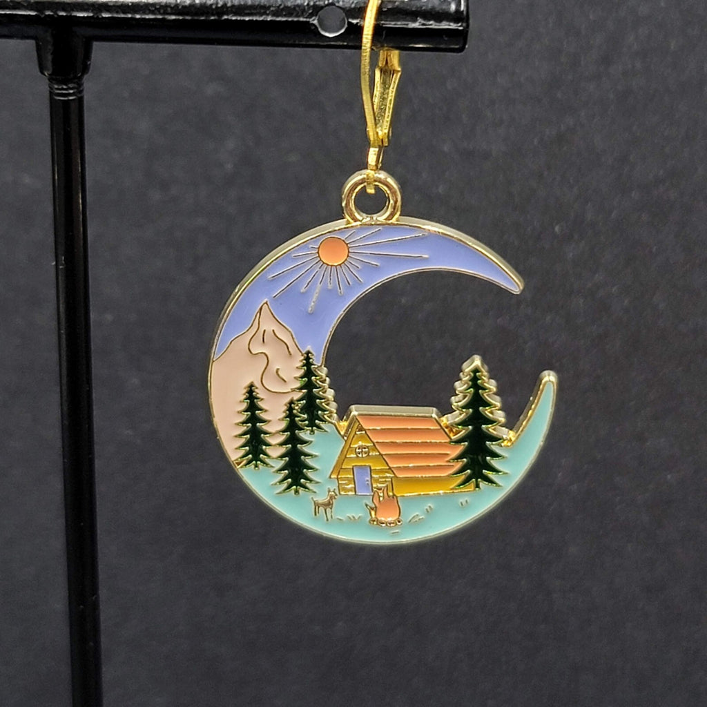New Camping Scene Pierced Earrings Gold tone Enamel Dangle Moon Tent 1.25" FS