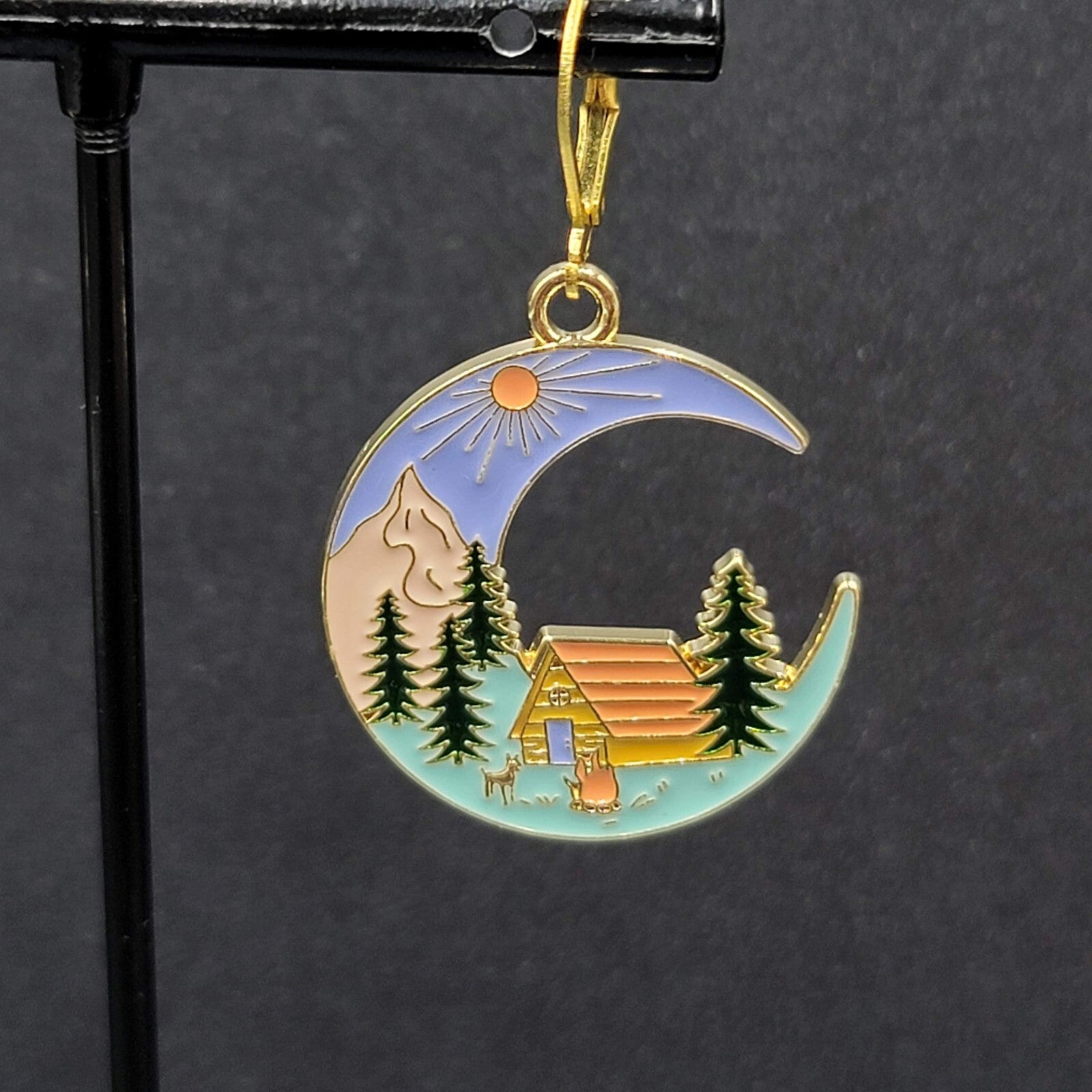 New Camping Scene Pierced Earrings Gold tone Enamel Dangle Moon Tent 1.25" FS