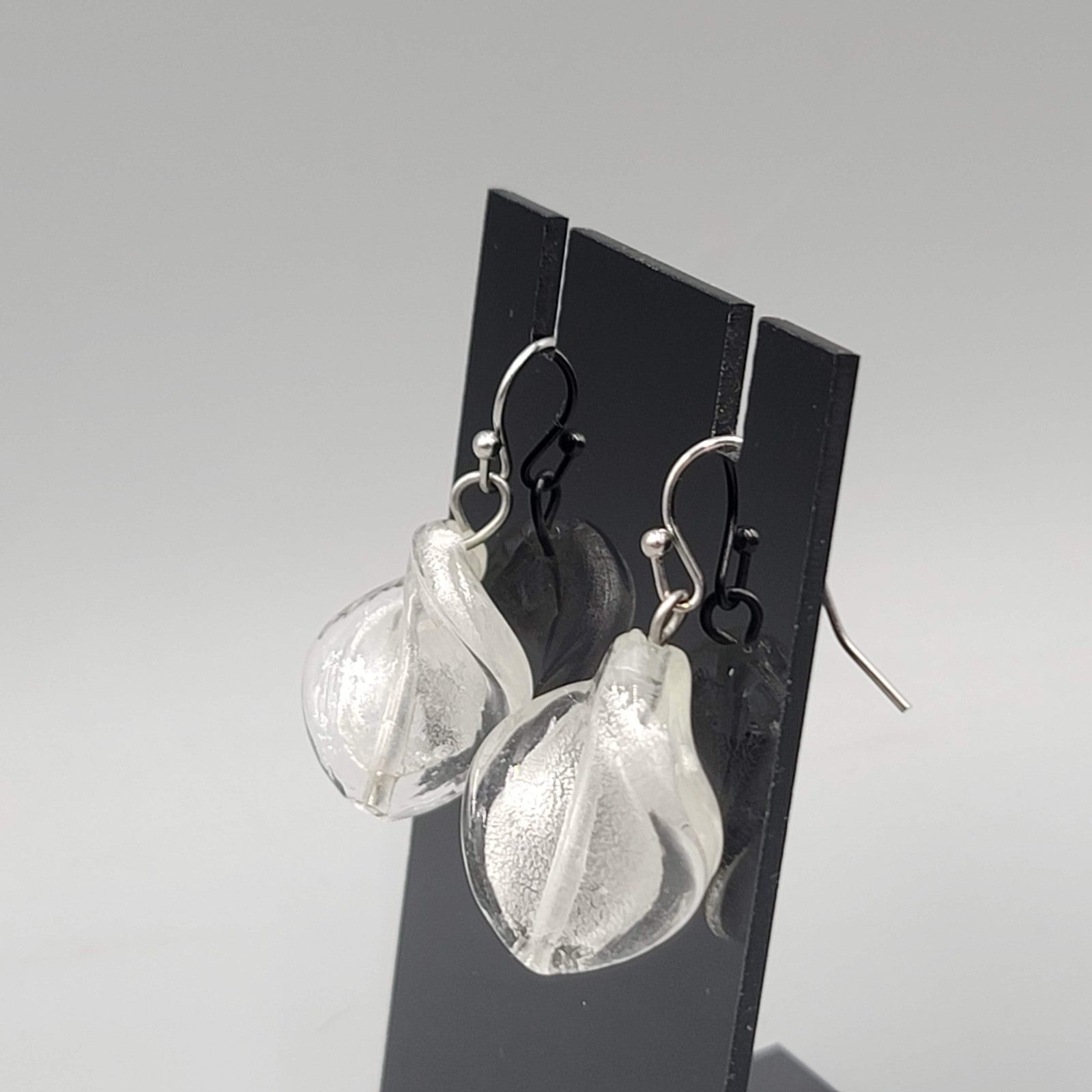 Silver Dichroic Art Glass Pierced Earrings Silver tone Dangle  1 in