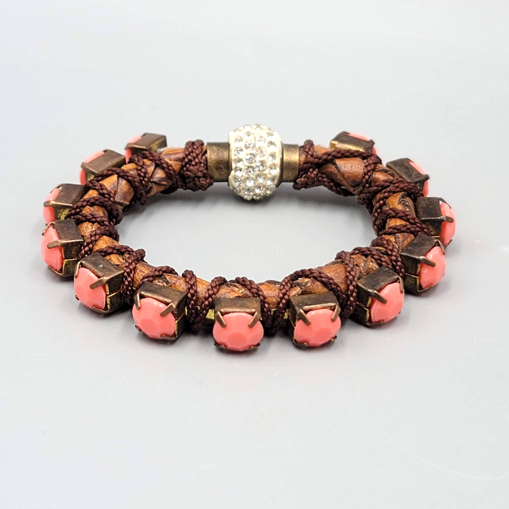 Statement Boho Bracelet Faux Leather Pink Rhinestones Magnetic Rhinestone Closur