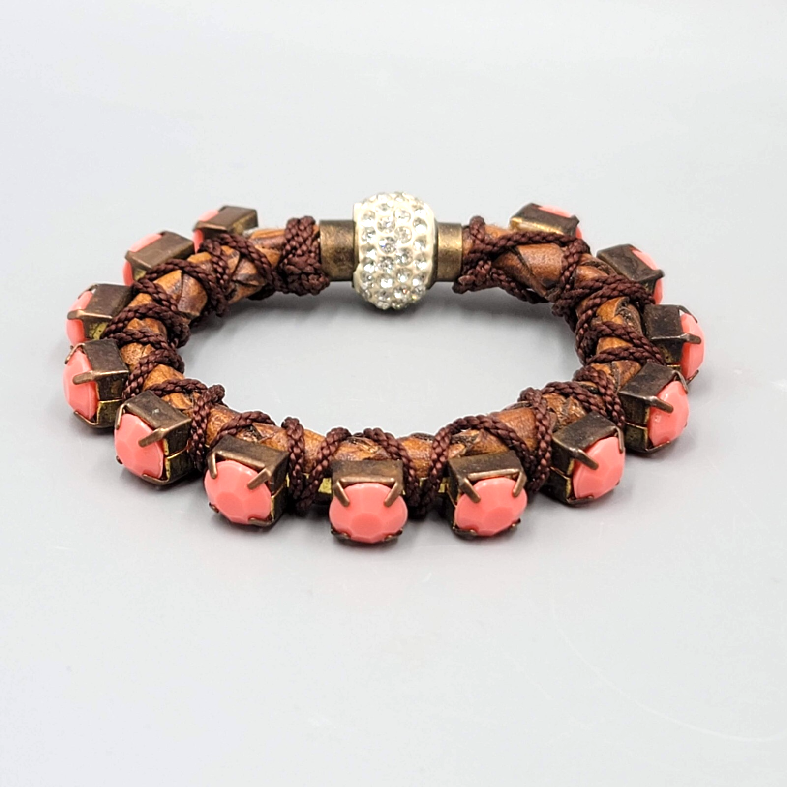 Statement Boho Bracelet Faux Leather Pink Rhinestones Magnetic Rhinestone Closur