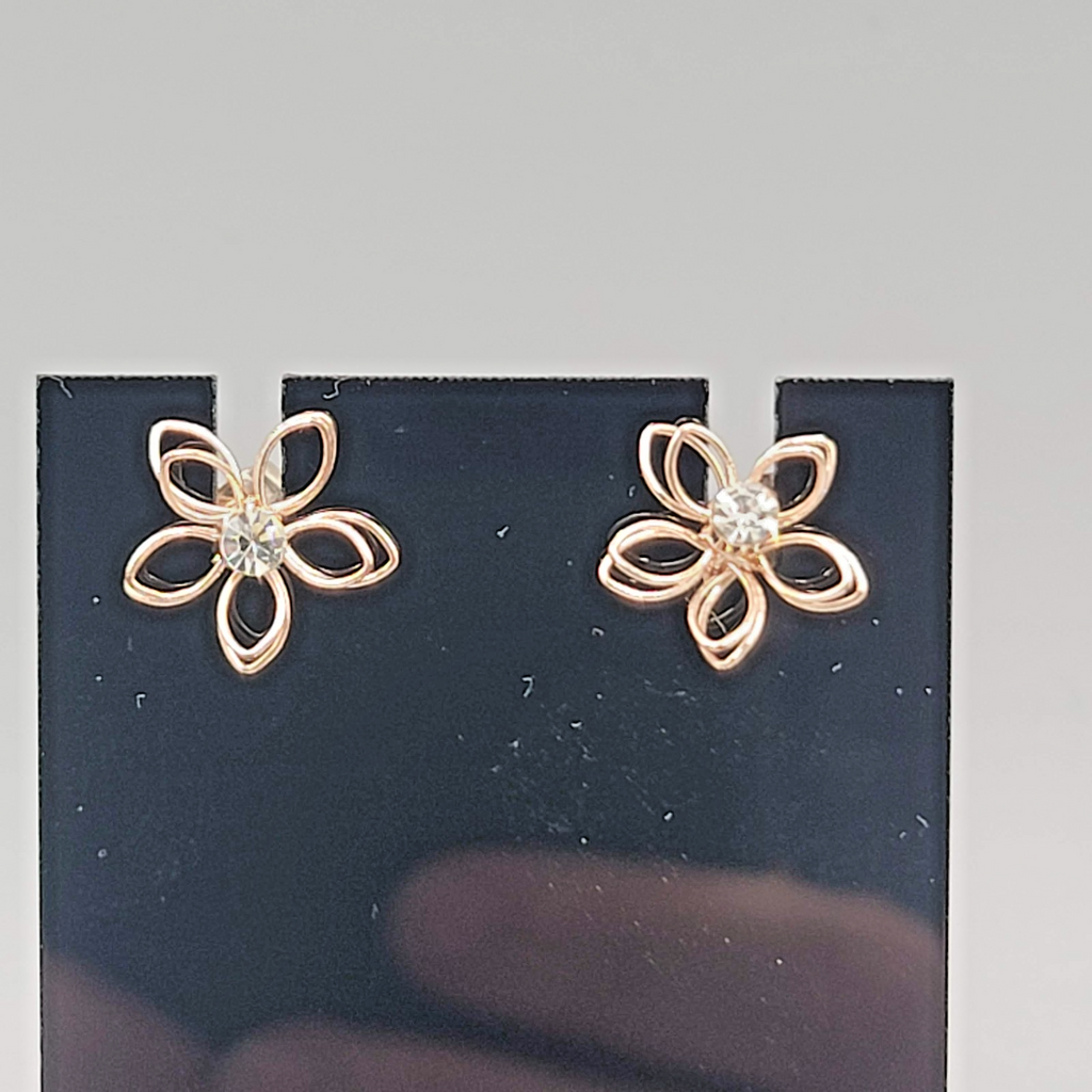 Wire Flower Stud Pierced Earrings Crystal Gold tone 1/2"