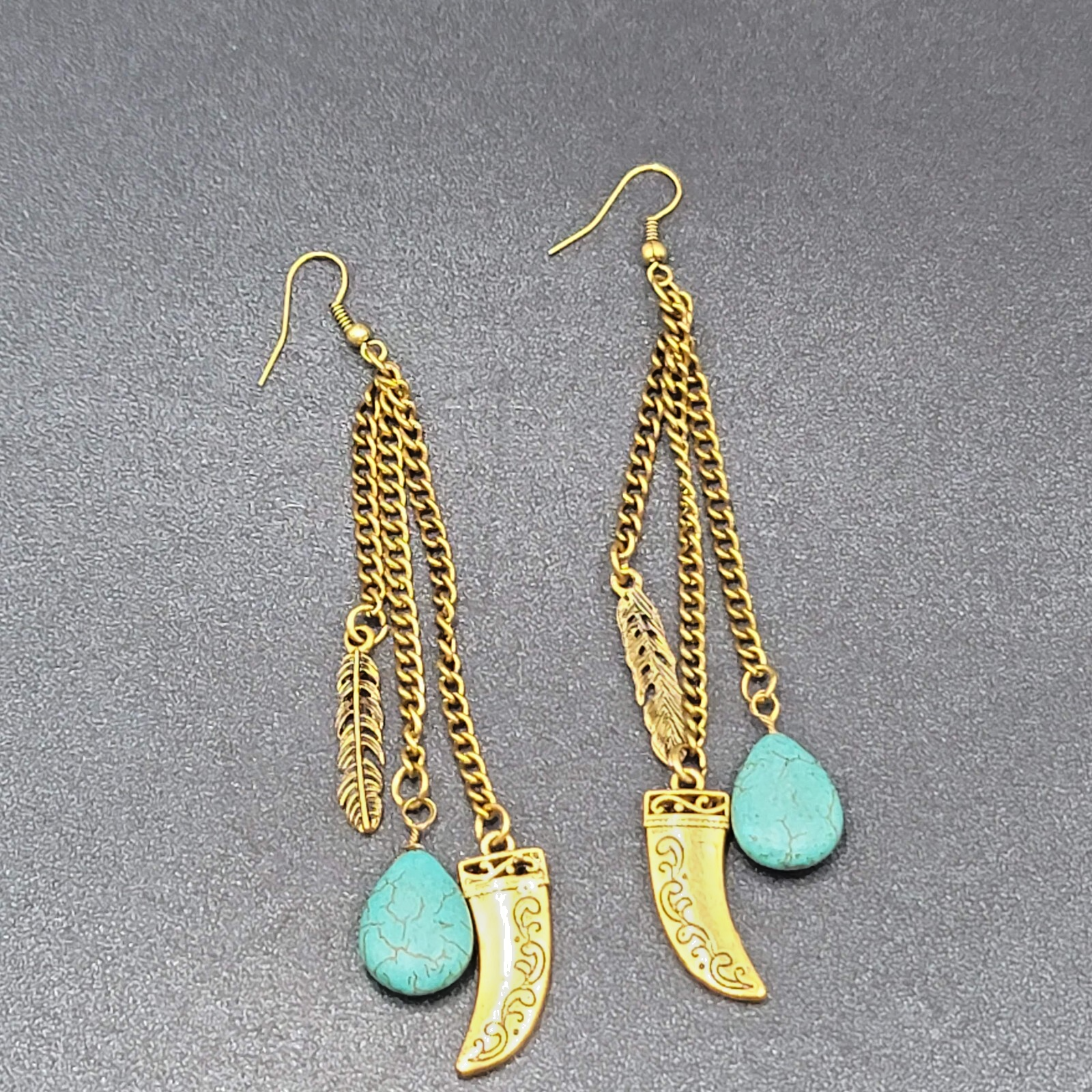 Pierced Earrings Large Gold tone Multi Chain Charms Beaded Statement 4"