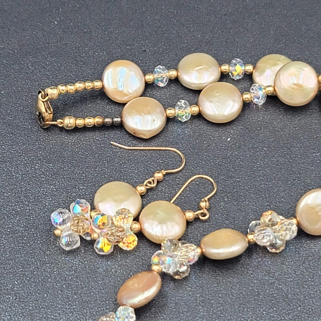 Pearl and Crystal Bead Necklace Pierced Earring Set
