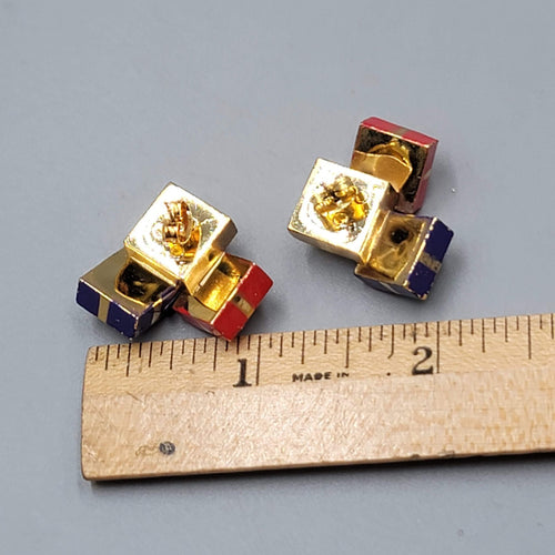 Christmas Presents Pierced Earrings Red Blue Gold tone 7/8"