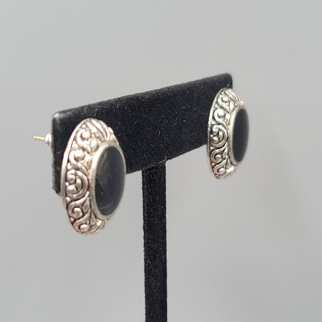 Pierced Earrings Silver tone Embossed Black Enamel Oval Drop 3/4"