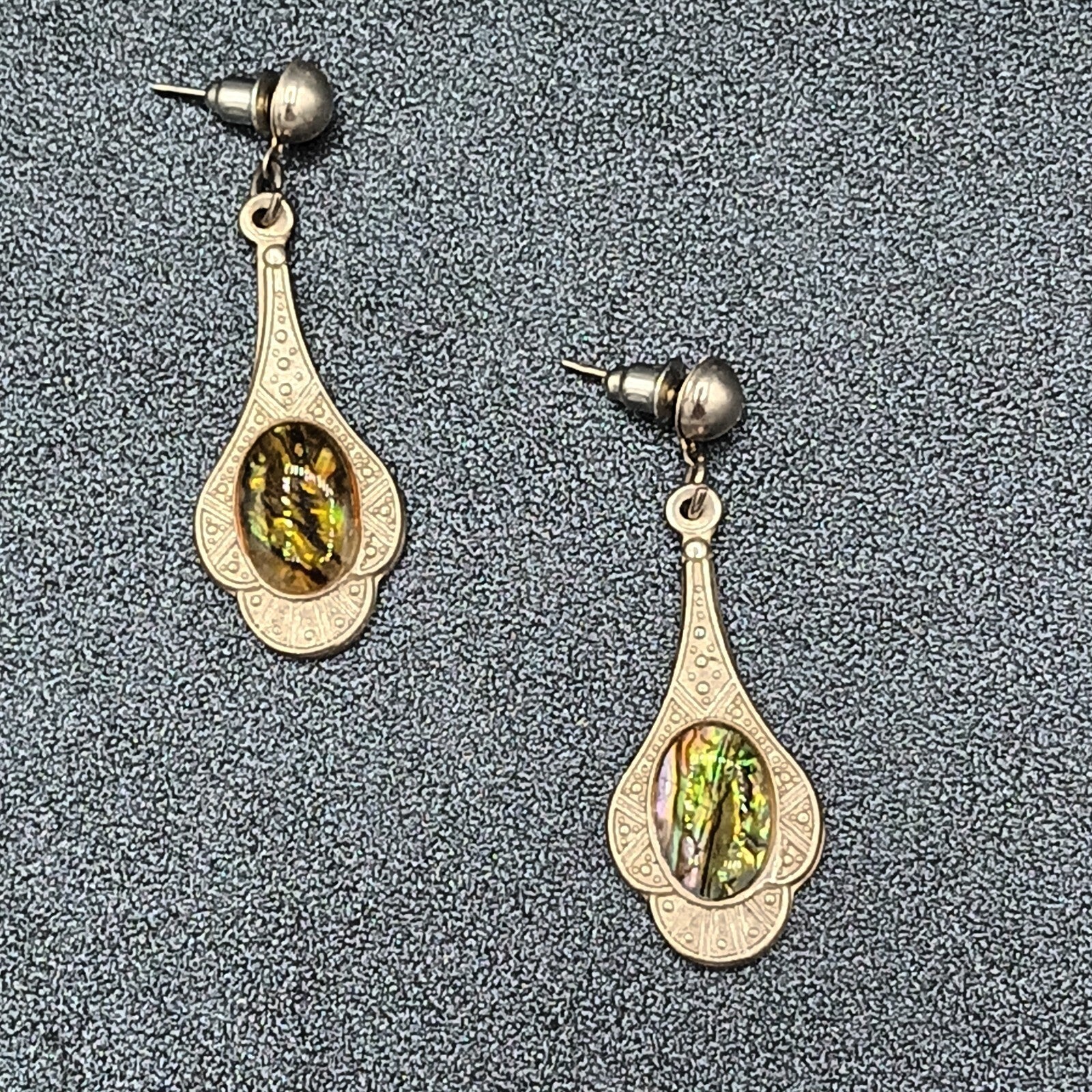 Vintage Pierced Earrings Silver tone Faux Abalone Dangle 1.75"