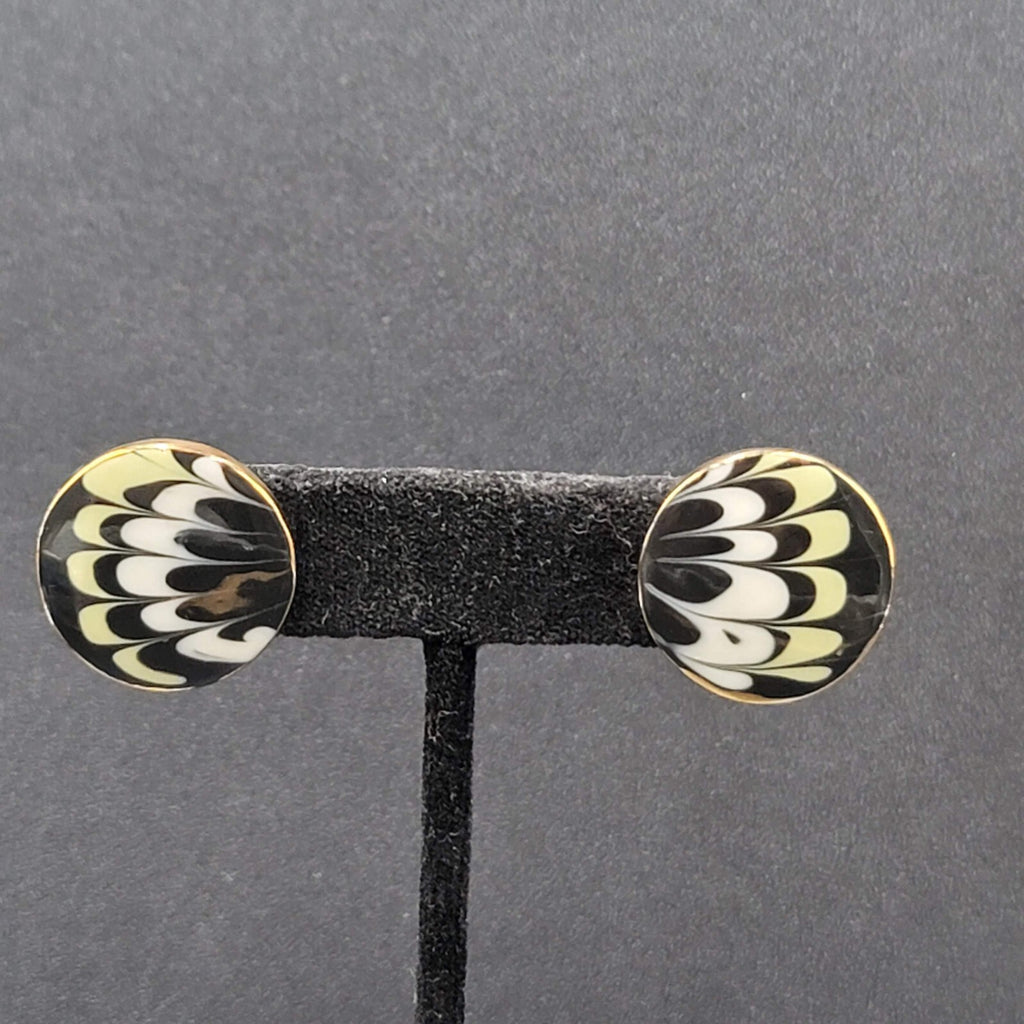 Vintage Pierced Earrings Hand Painted Ceramic Round Studs 7/8"