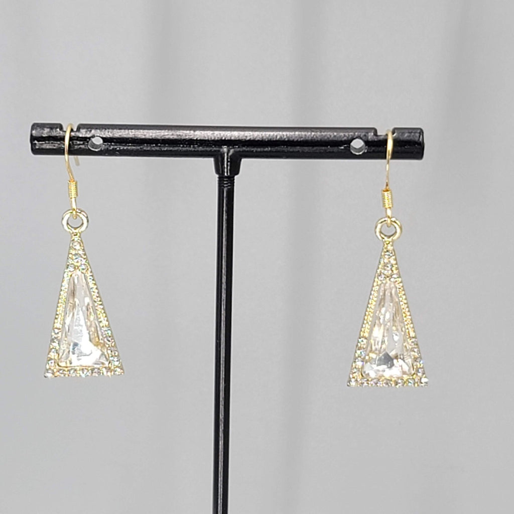 Triangle Clear Rhinestone Pierced Earrings Gold tone Dangle 7/8"