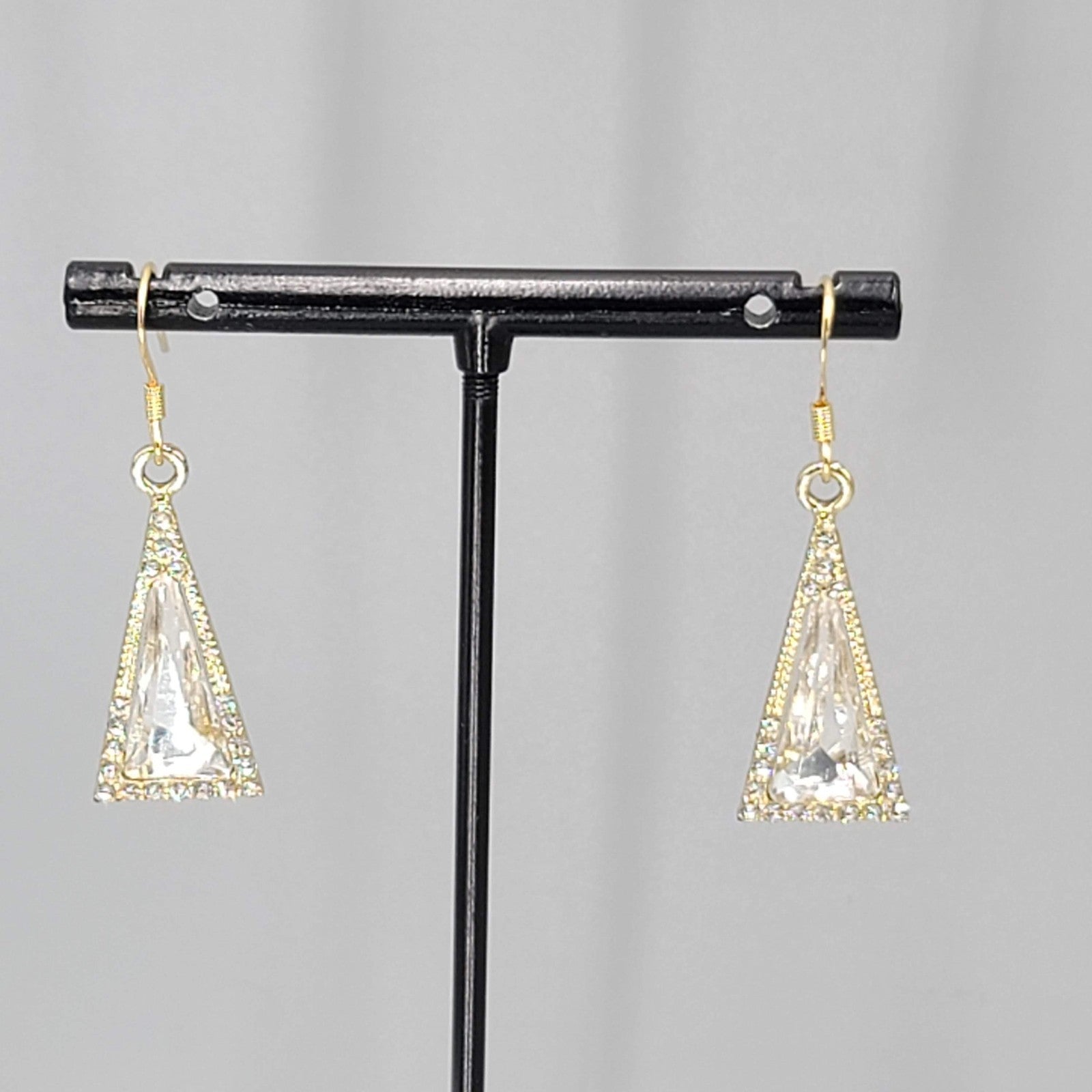 Triangle Clear Rhinestone Pierced Earrings Gold tone Dangle 7/8"