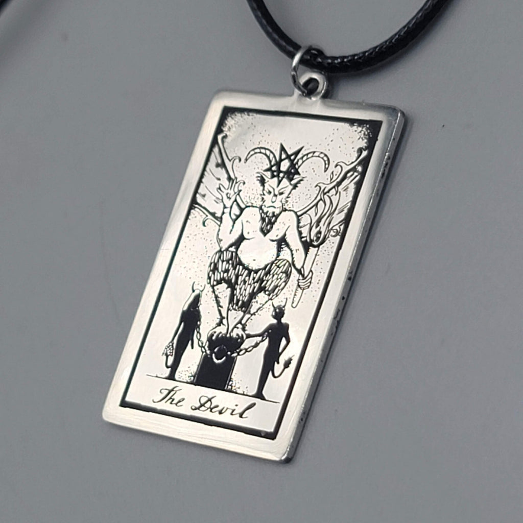 The DEVIL Tarot Card Pendant Necklace Major Arcana Silver tone Black Cord 18" 