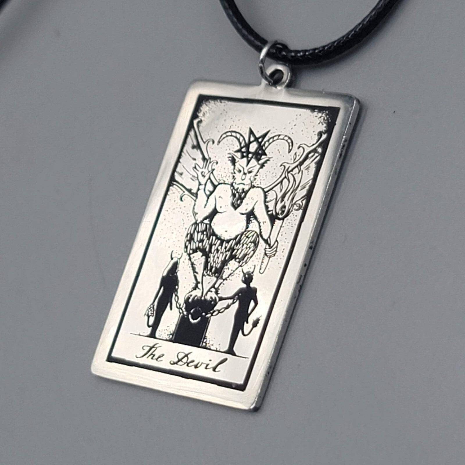 The DEVIL Tarot Card Pendant Necklace Major Arcana Silver tone Black Cord 18" 