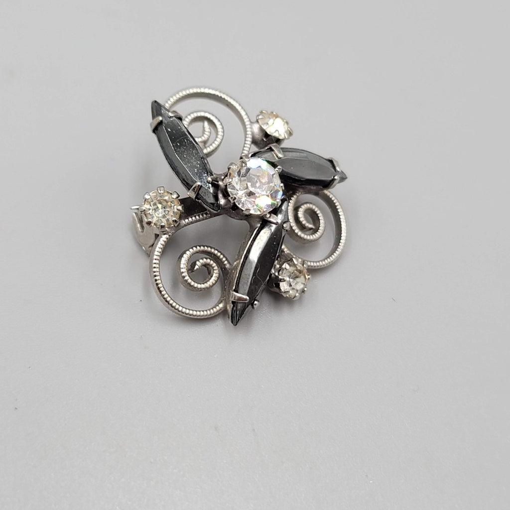 Vintage Black Hematite Rhinestone Brooch Silver tone Swirl 1 in