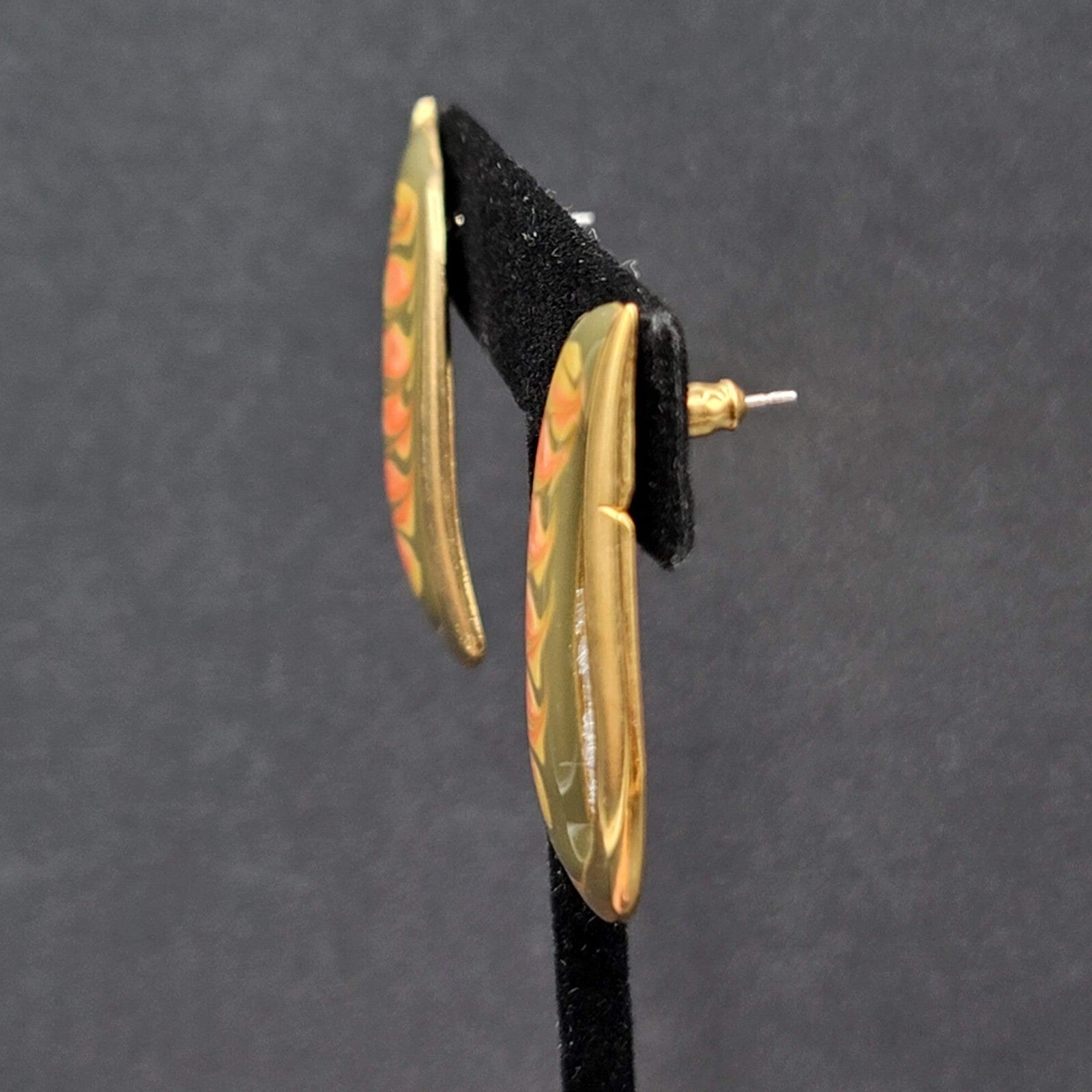 Vintage Pierced Earrings Gold tone Green Pink Enamel Swirl Statement Drop 1.5"