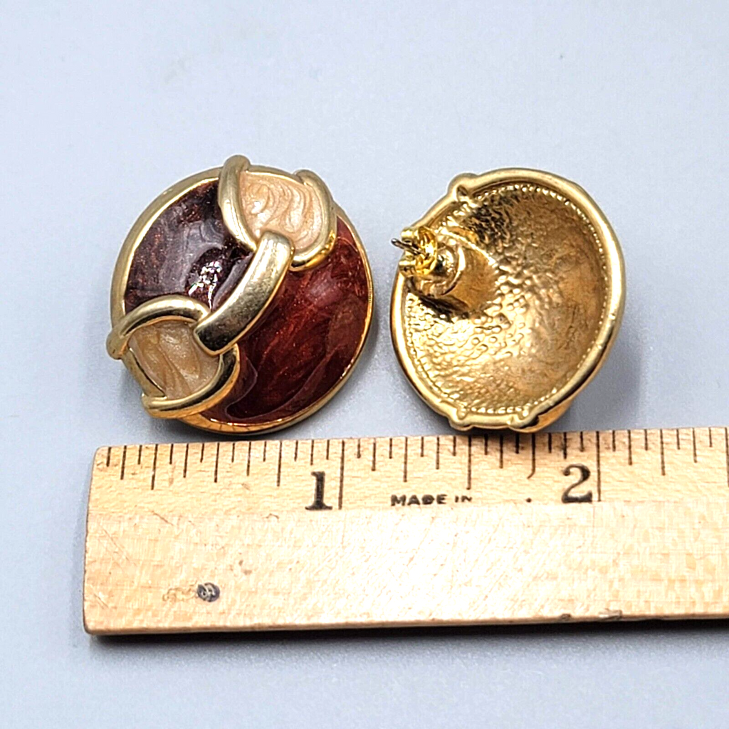 Vintage Pierced Earrings Red Brown Enamel Gold tone Dome 1"