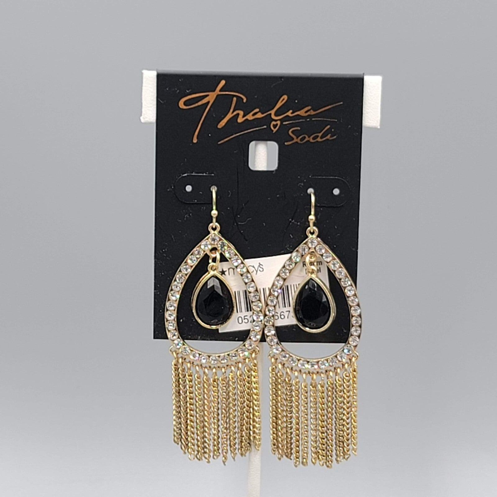 Thalia Sodi Fringe Pierced Earrings Black Teardrop Gold tone Dangle NWT 2.5"