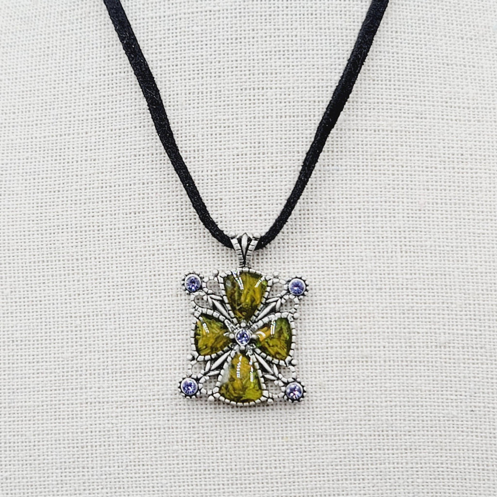 Lia Sophia Pendant Necklace Silver tone Crystal Suede Leather Cord 16"-19"