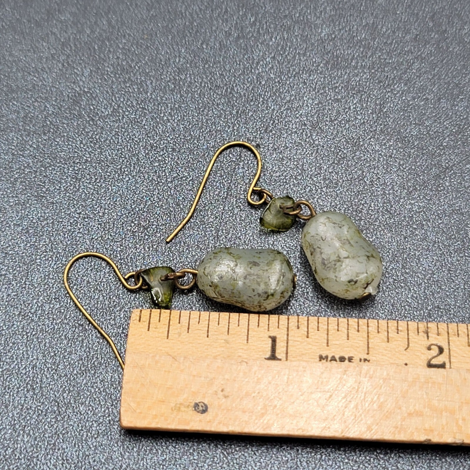 Pierced Earrings 1" Green Stone Chip and Acrylic Bead Lightweight Dangle 1"