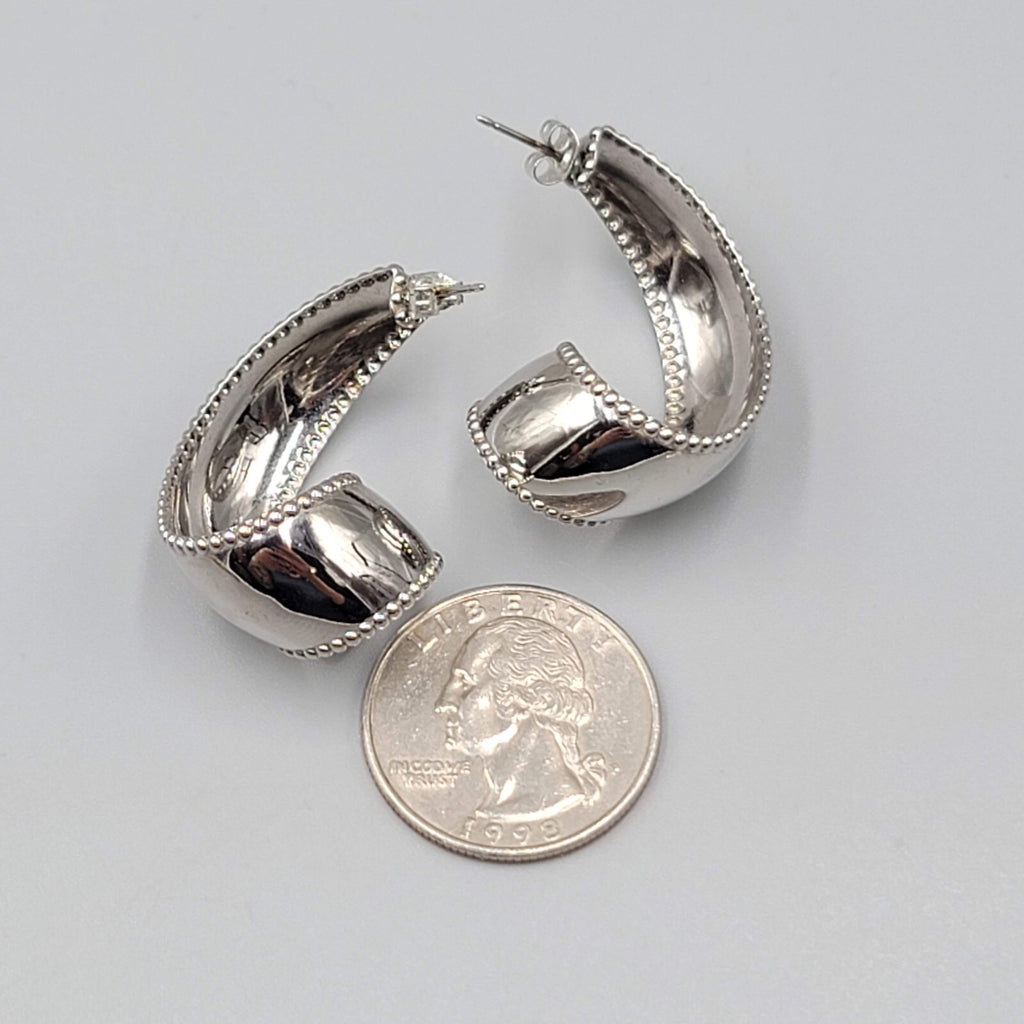 Vintage Curly Hoops Pierced Earrings High Polish Silver tone Drop 1.25"