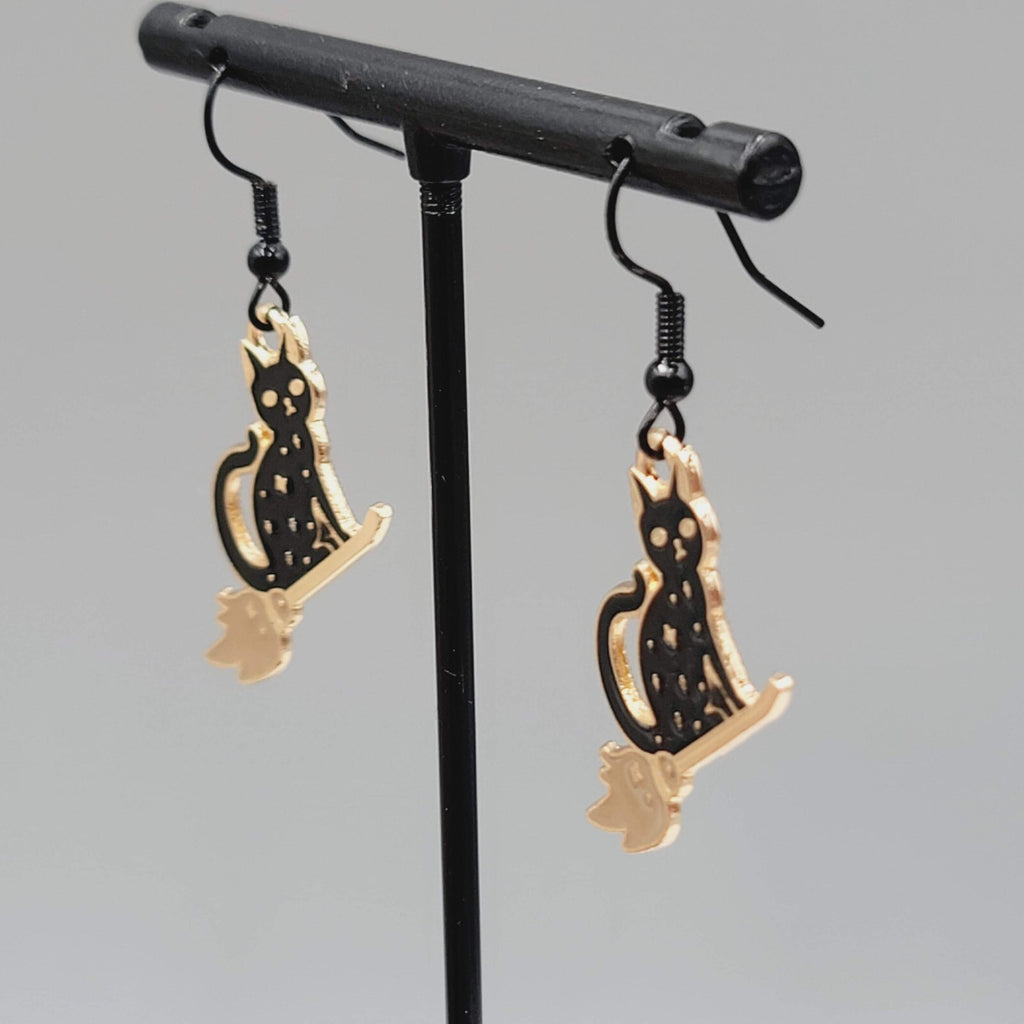 Black Cat Riding Broom Pierced Earrings Enamel Gold tone Dangle New 1"