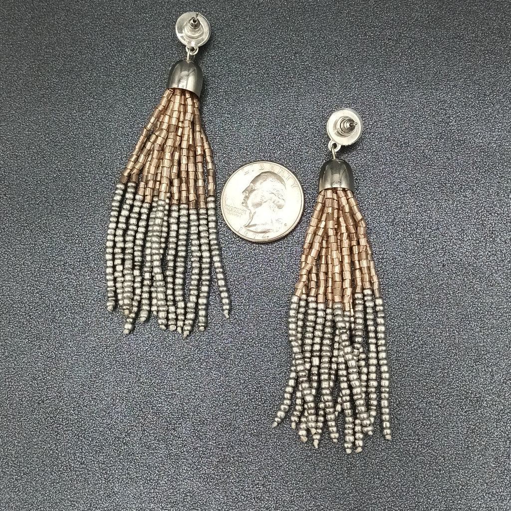 Pierced Earrings Gold and Silver tone Seed Bead Multi Strand Dangle 3.75"